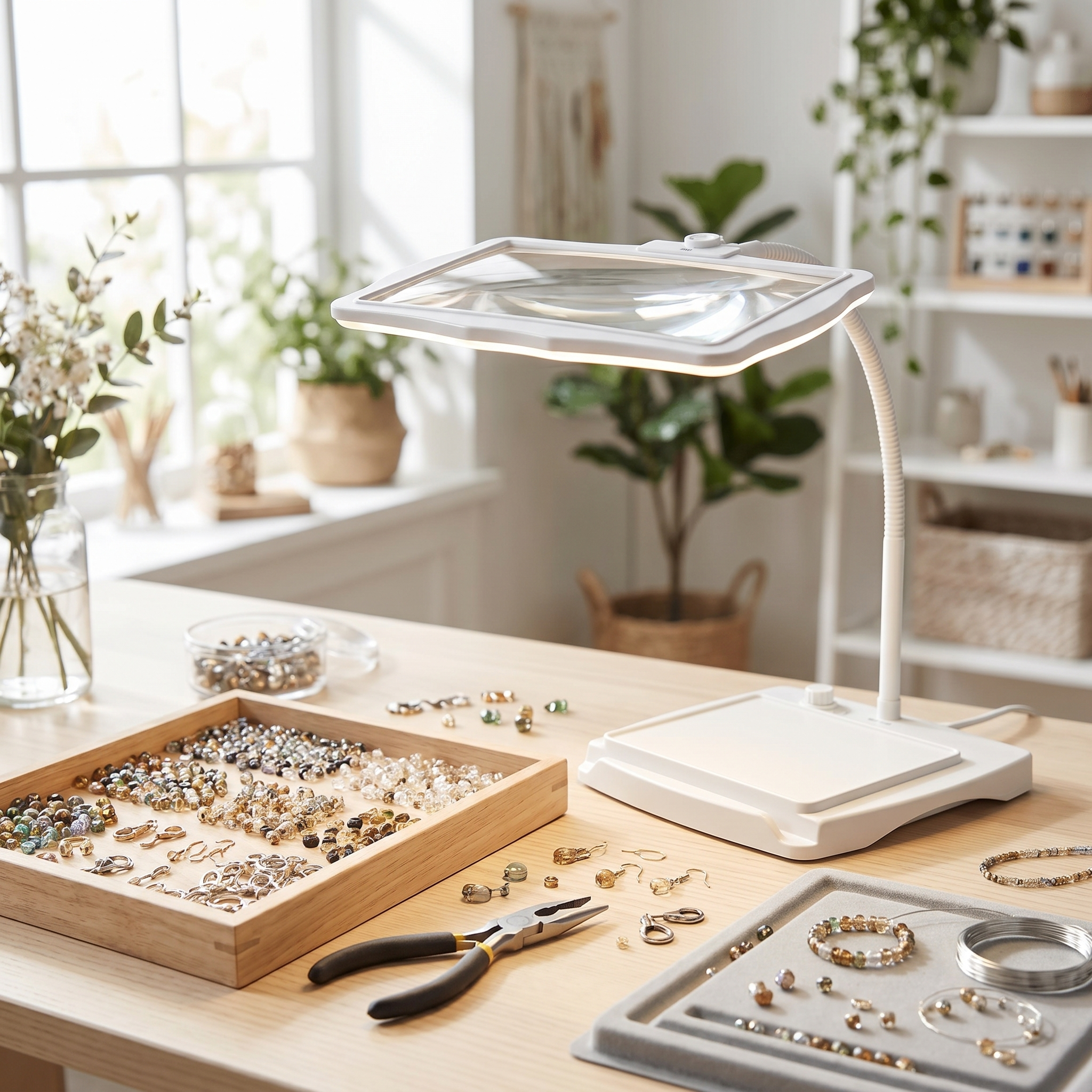 White magnifying lamp on a bright jewelry-making craft table