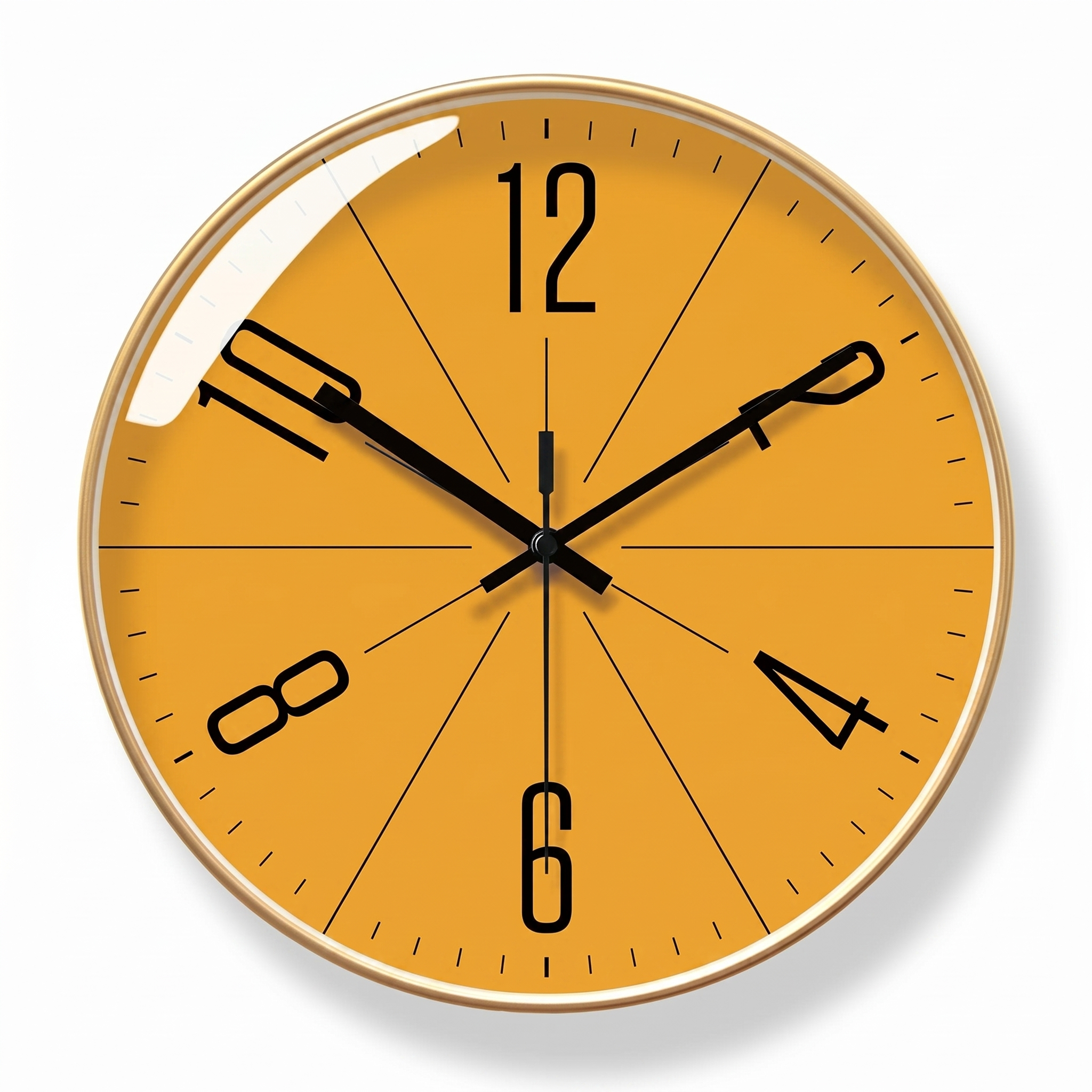 Nordic wall clock, gold frame with mustard-orange dial