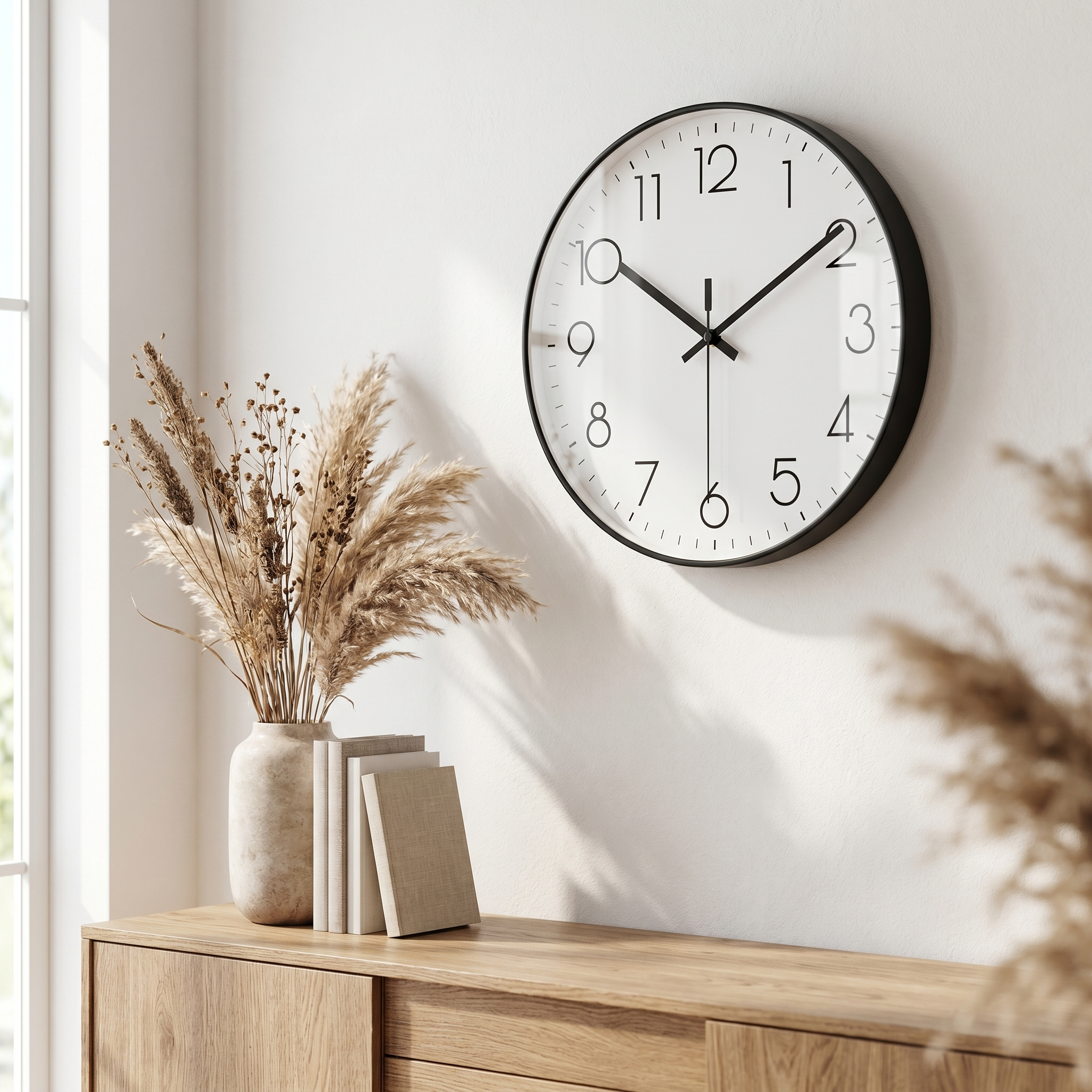 White-dial Nordic wall clock on a wall in a bright living room