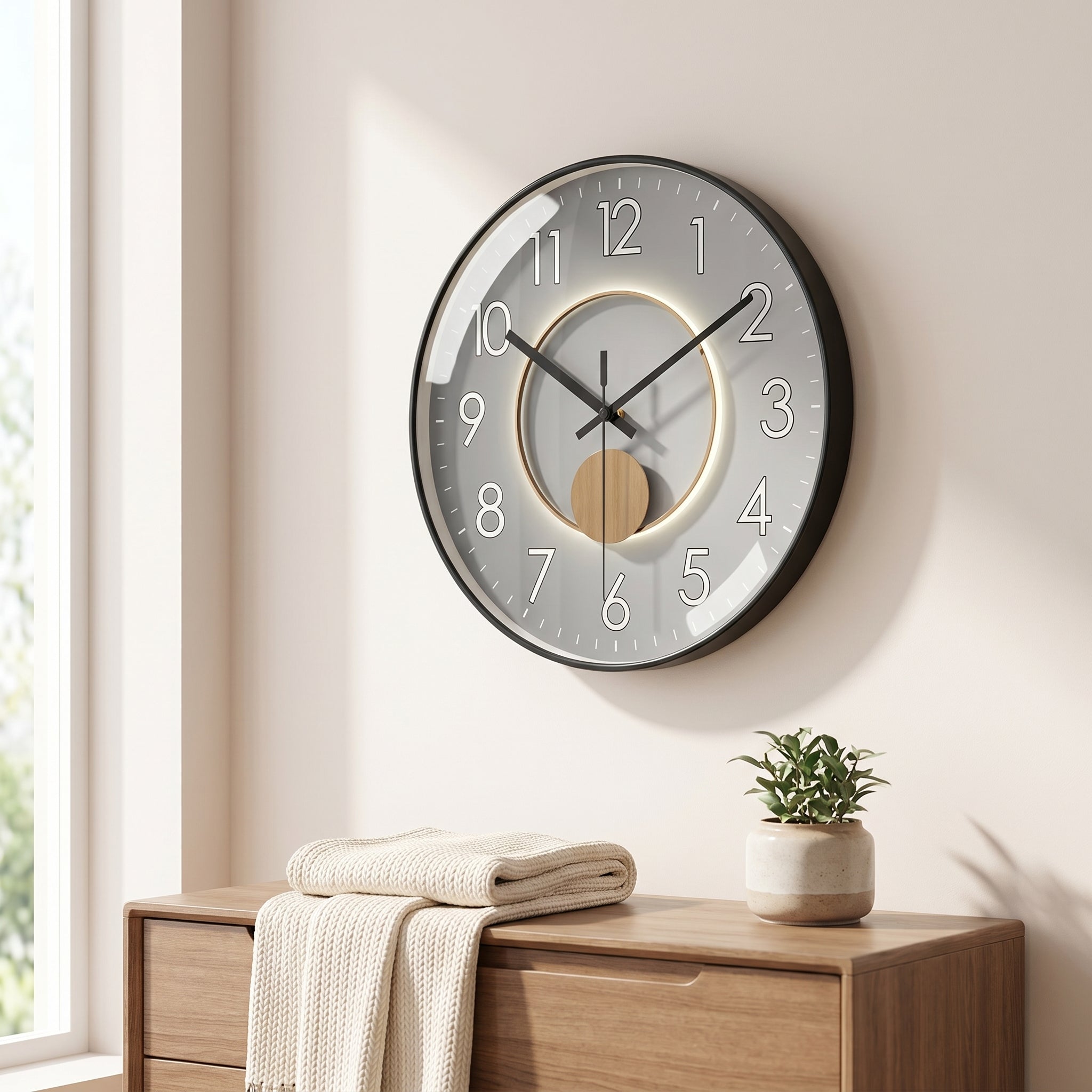 Grey-dial Nordic wall clock on a wall in a bright bedroom