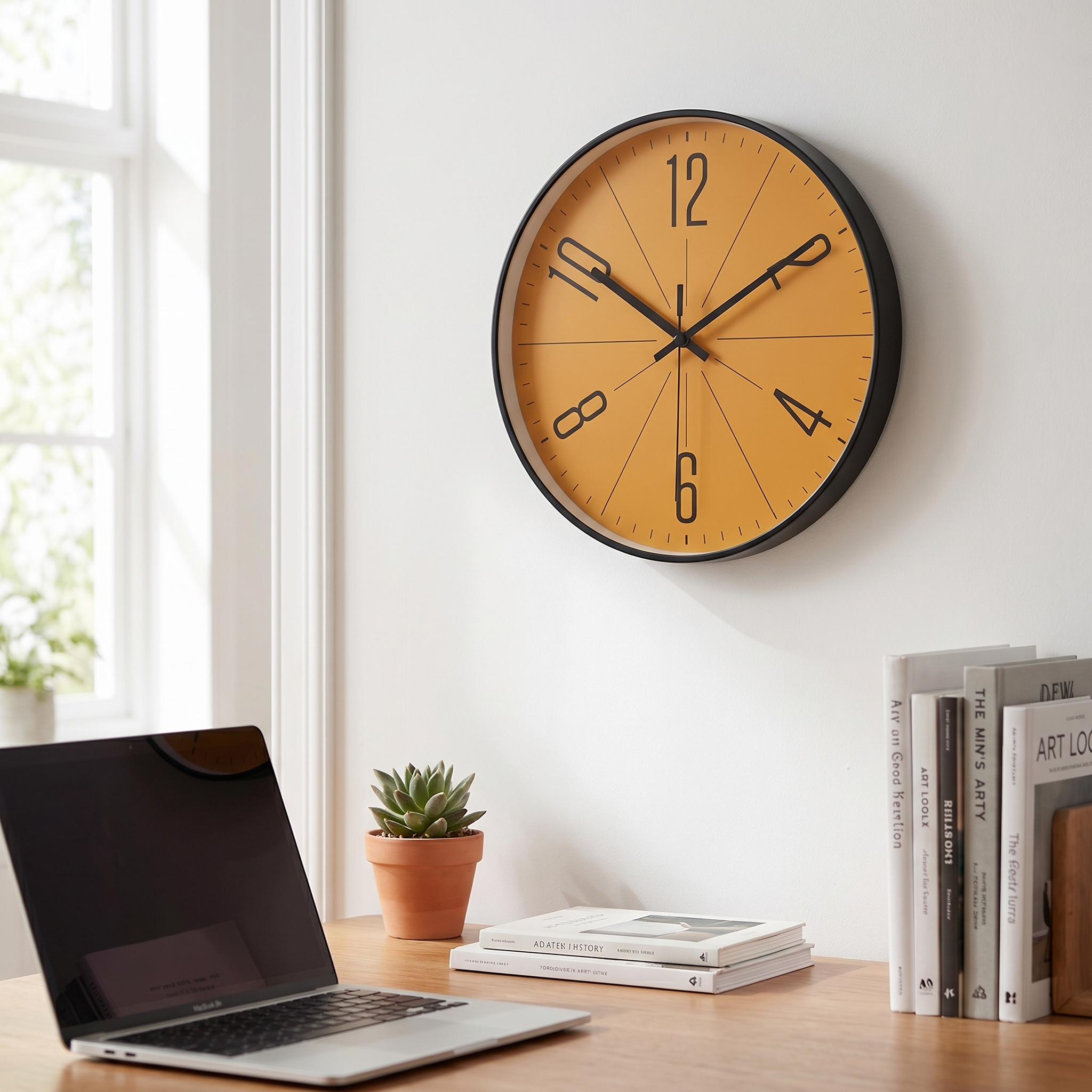 Black-frame orange Nordic wall clock in a bright home office