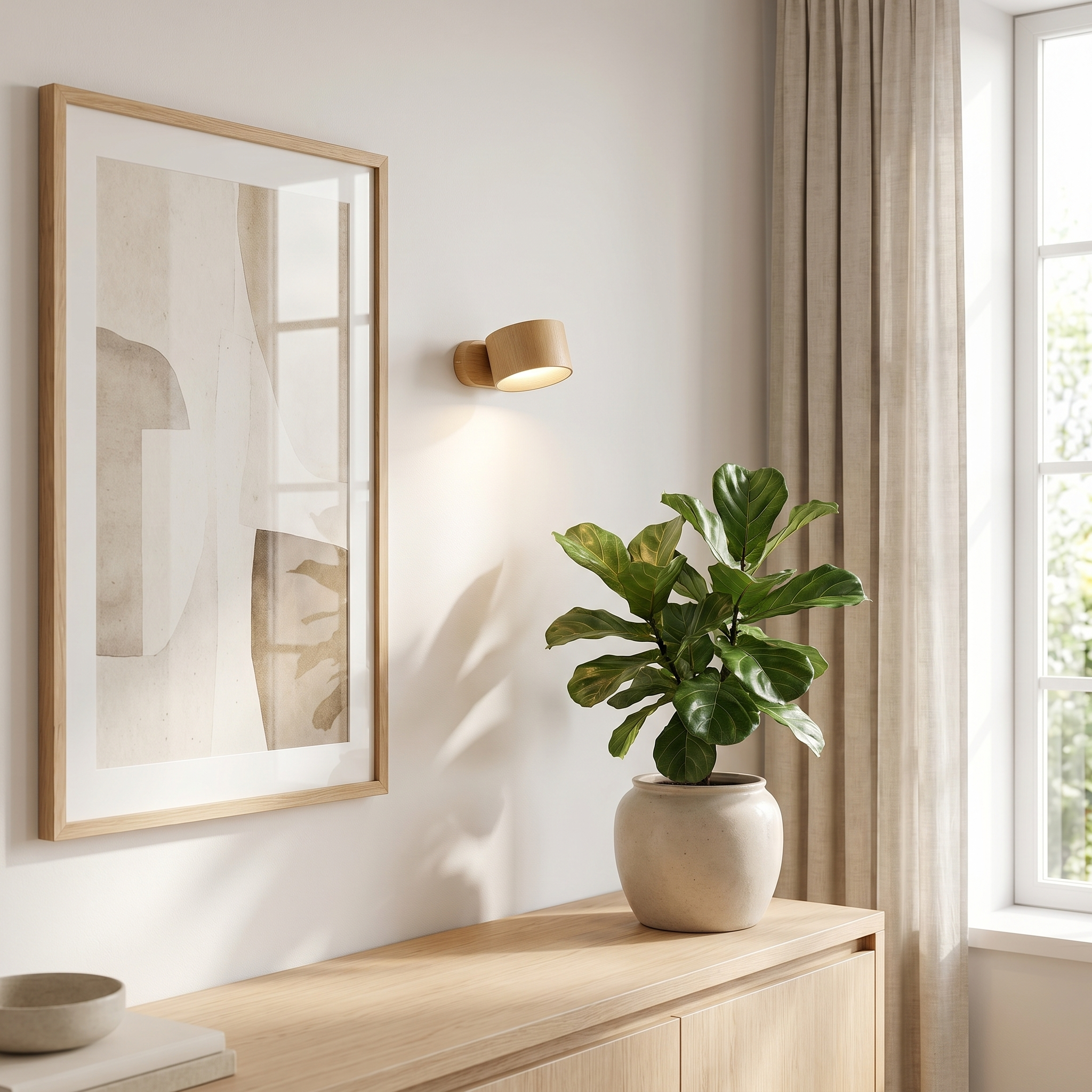 Oak Aura wall light beside framed art in a bright living room