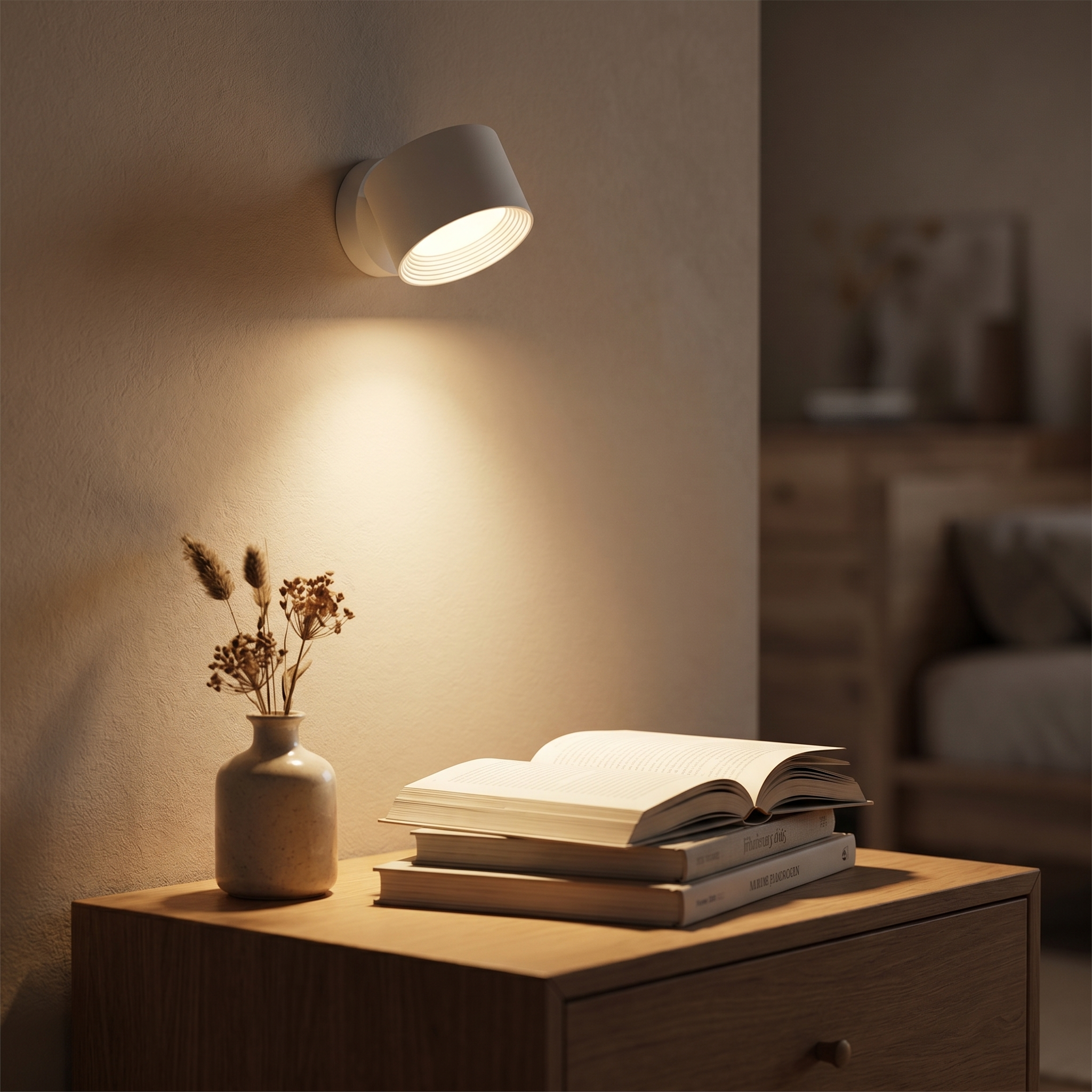 White Aura wall light as a warm bedside reading light