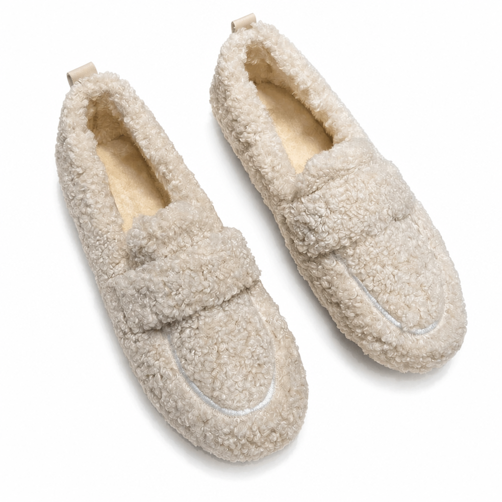 Riposo plush teddy slippers in beige, pair on white background