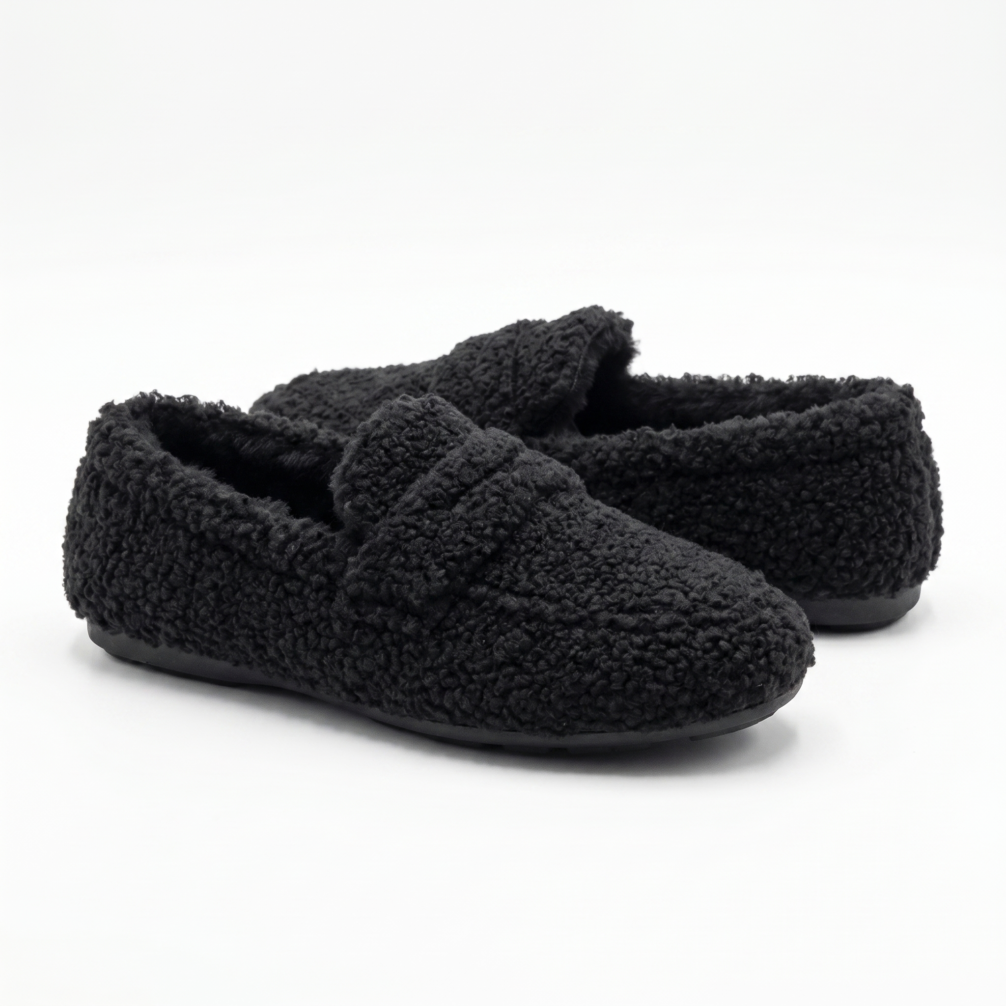 Riposo plush teddy slippers in black, pair on white background