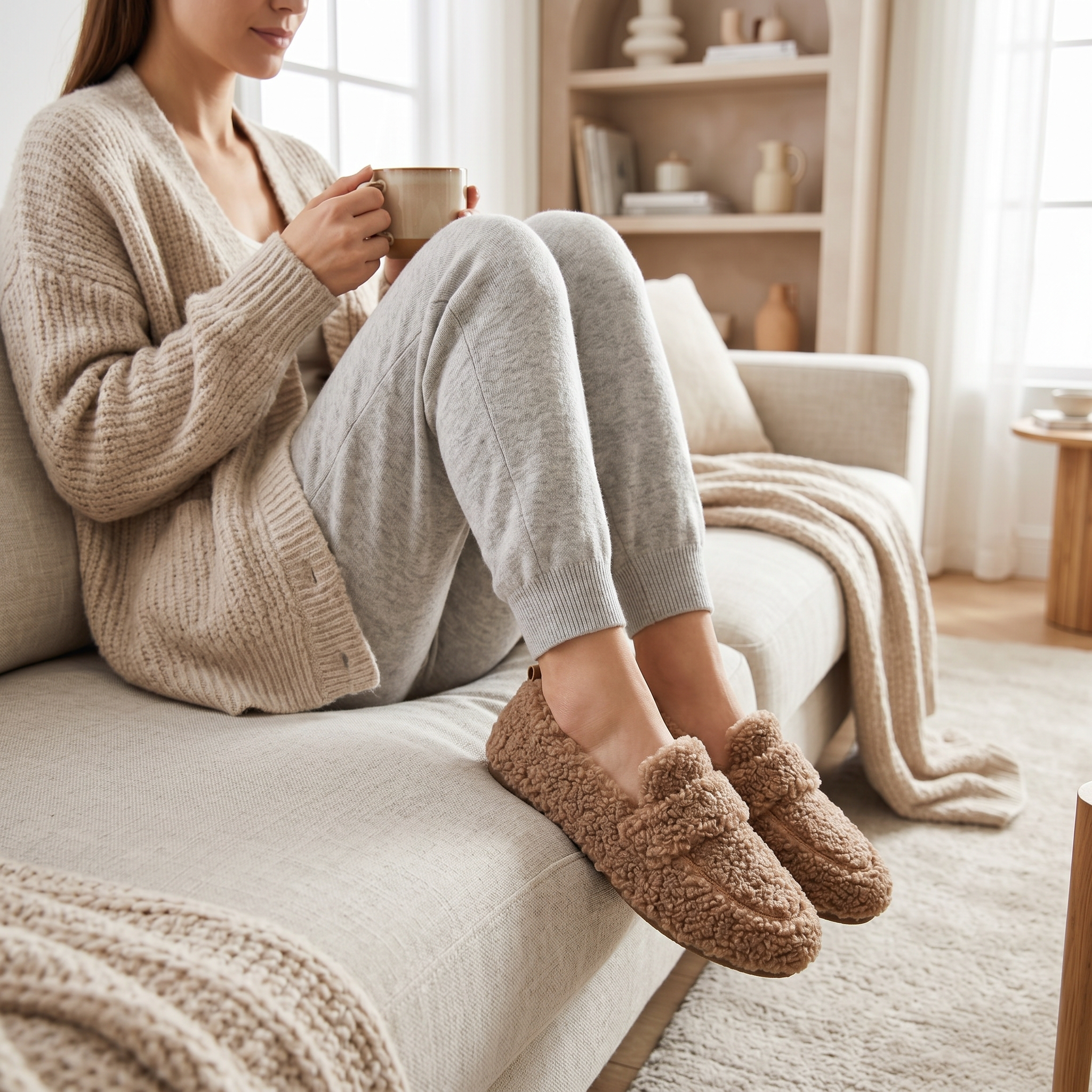 Woman wearing brown plush teddy slippers relaxing on a sofa