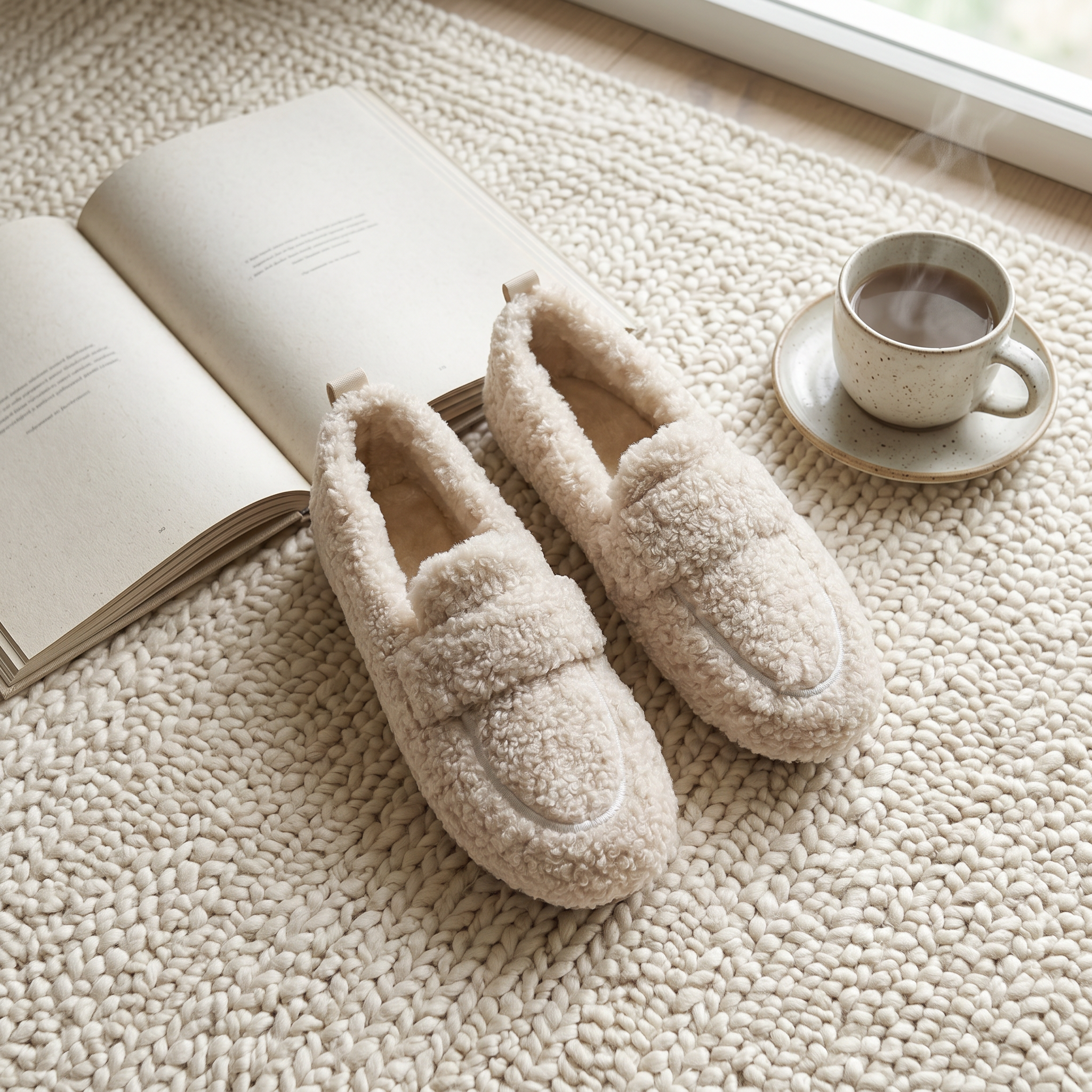 Beige plush teddy slippers with coffee and an open book, flat lay