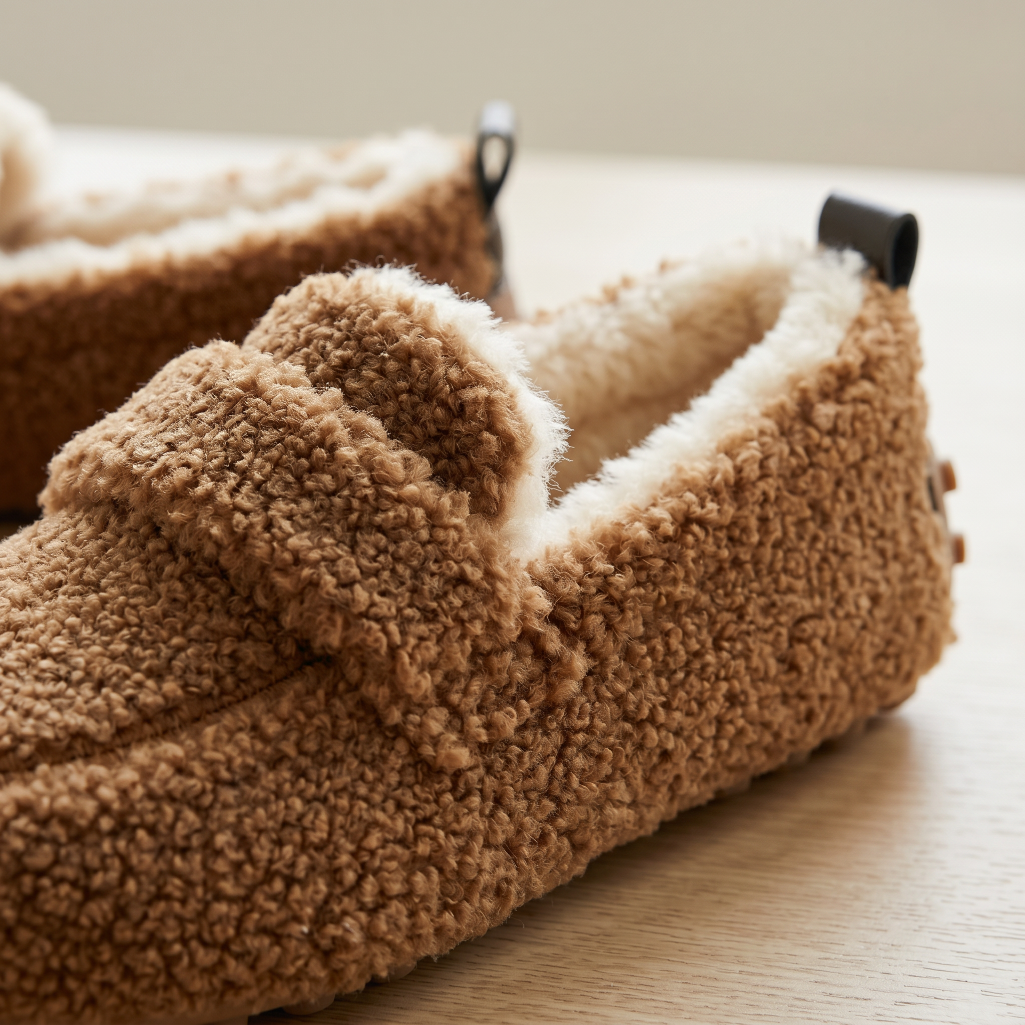 Close-up of plush teddy fleece texture and the instep band