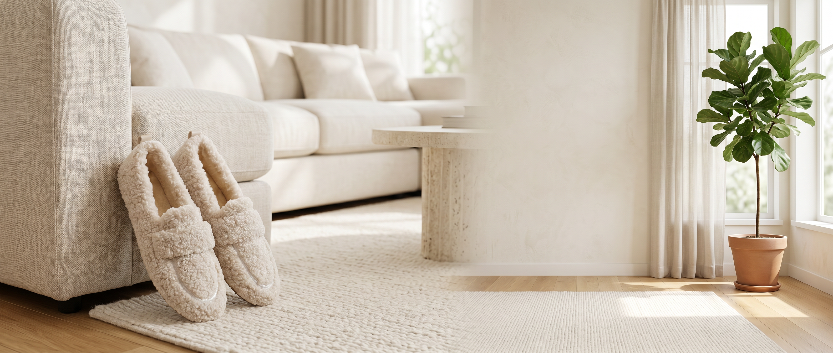 Riposo plush teddy slippers in a bright living room lifestyle banner