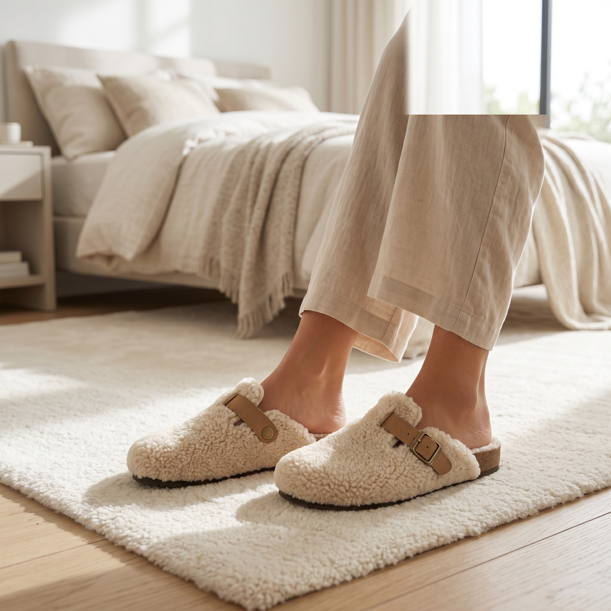 Woman stepping into beige shearling clog slippers beside a bed
