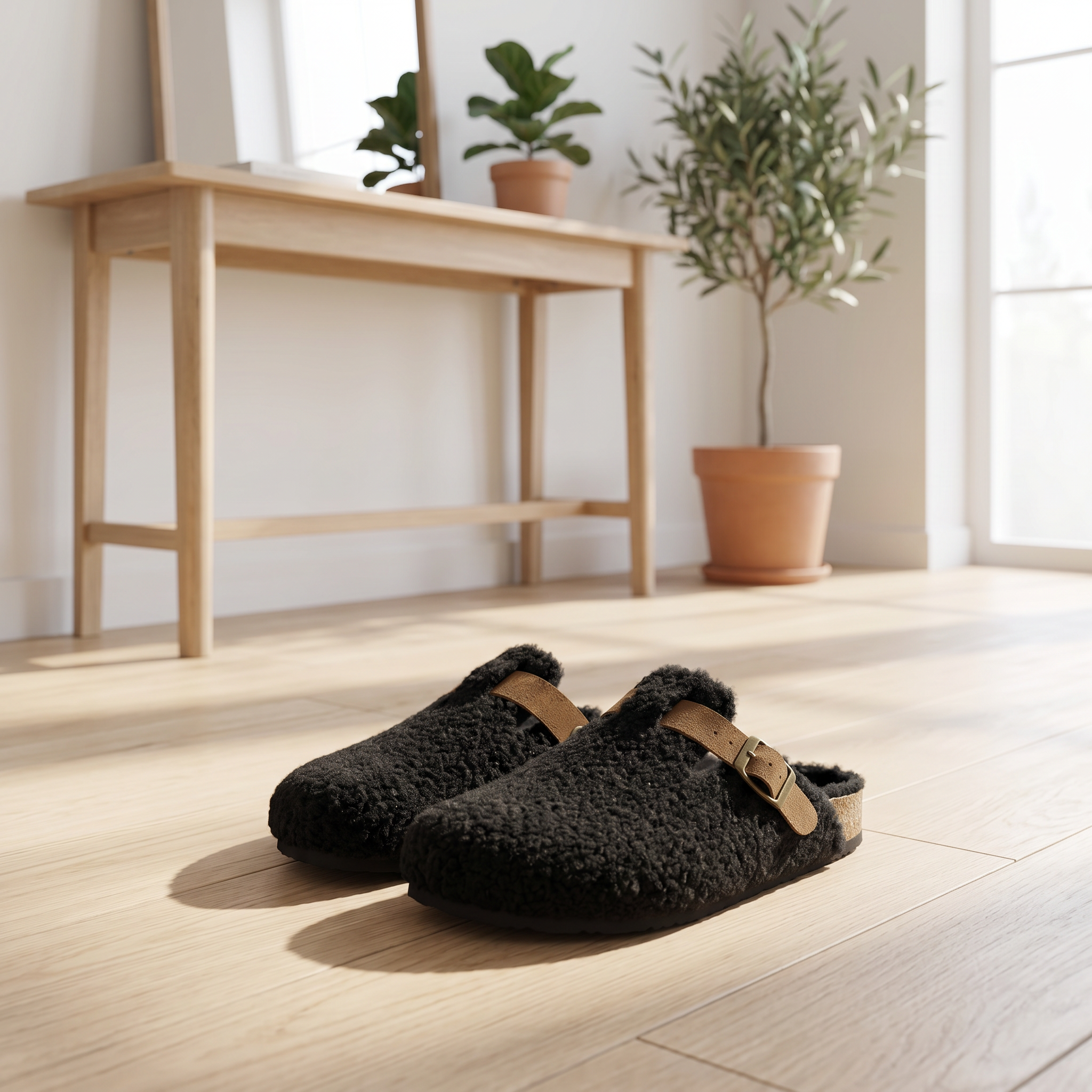 Black shearling clog slippers on oak floor in a sunlit entryway