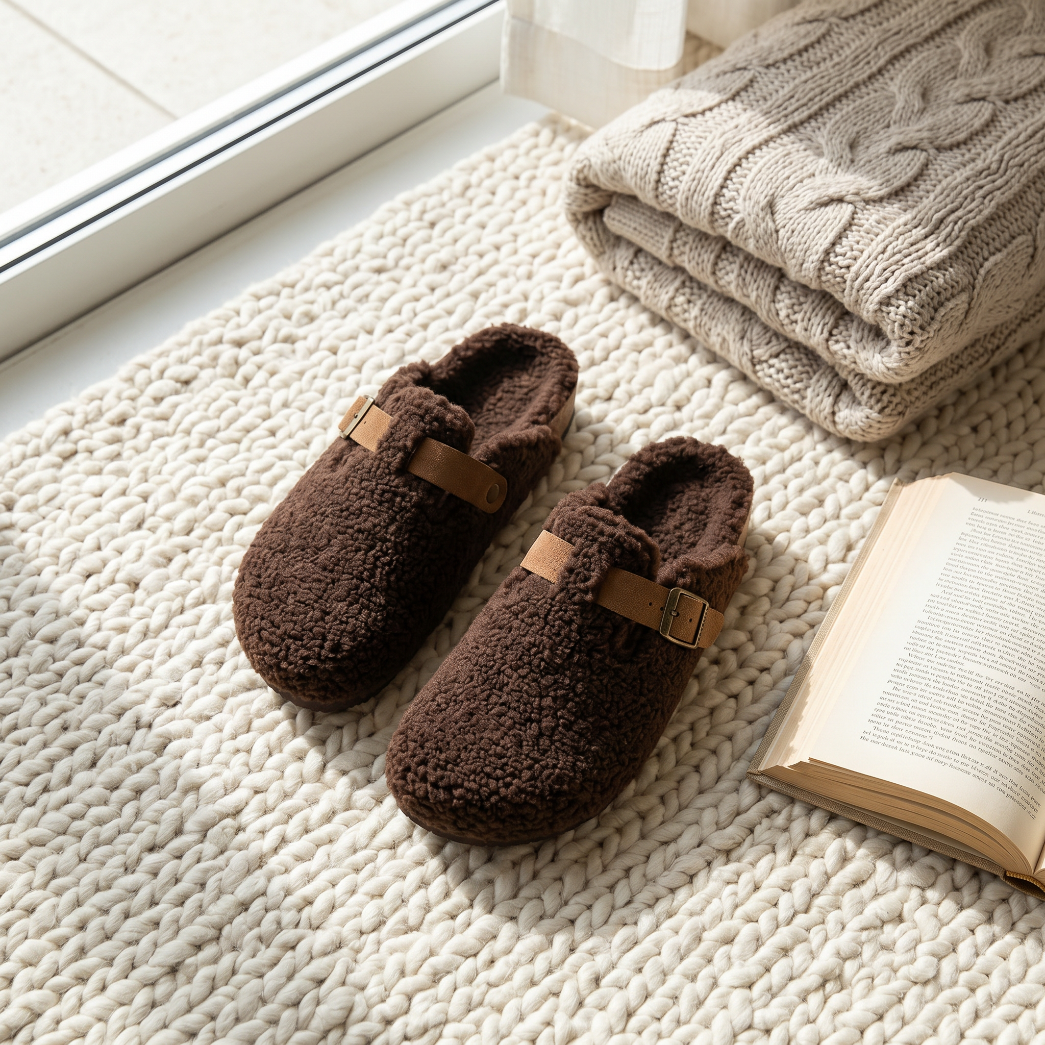 Brown shearling clog slippers flat lay with a knit throw and book