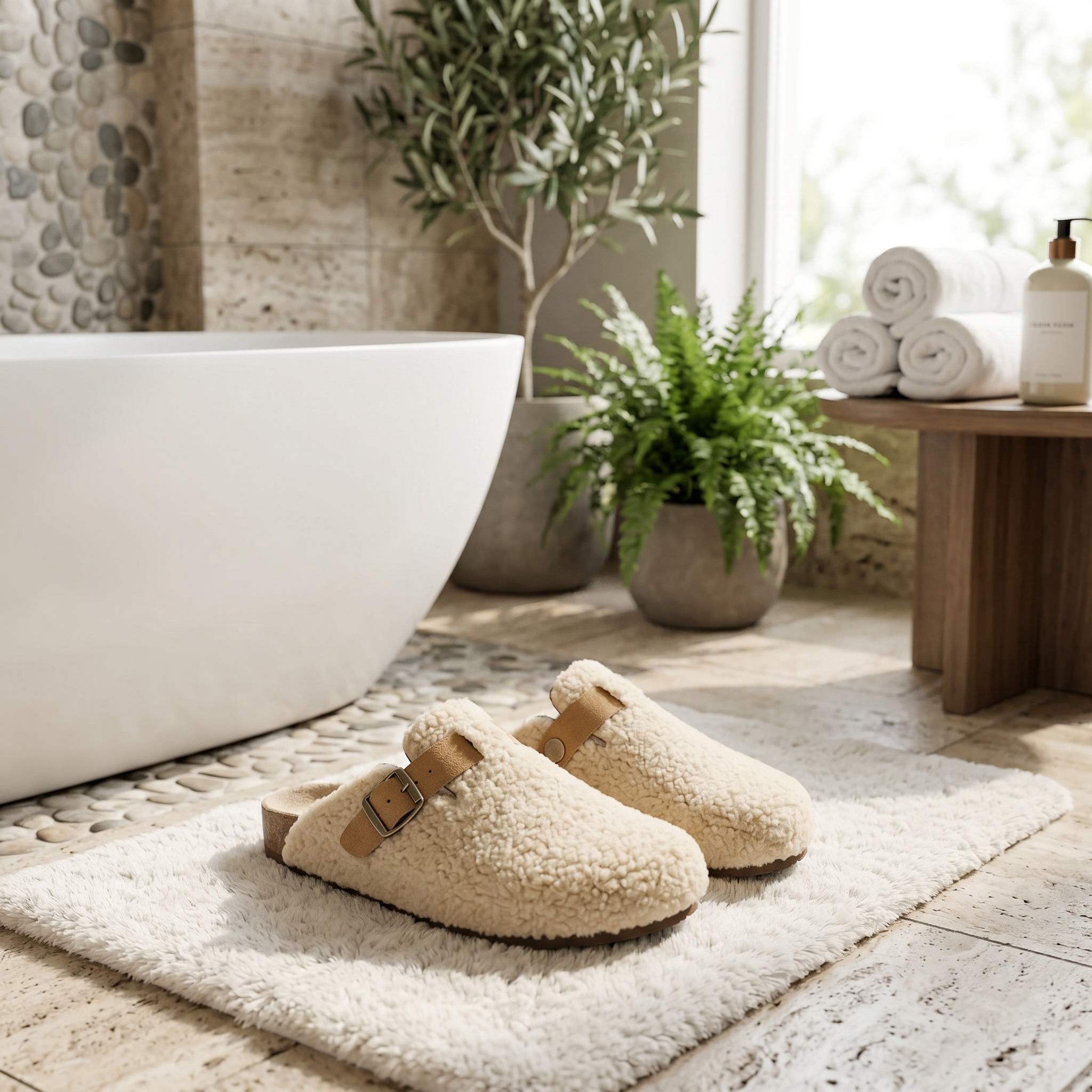 Beige shearling clog slippers in a bright spa-like bathroom