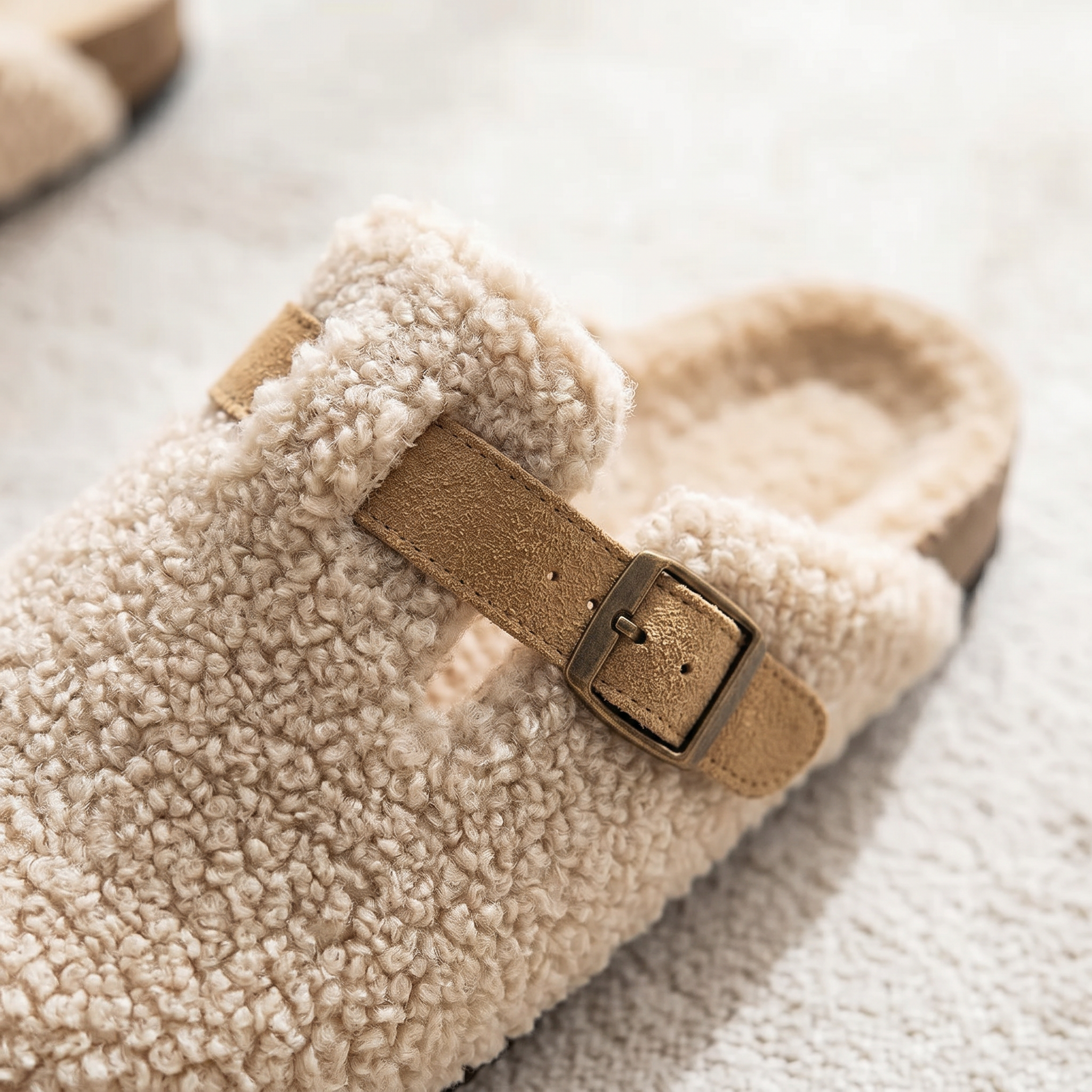 Close-up of shearling clog slipper showing suede buckle strap and texture
