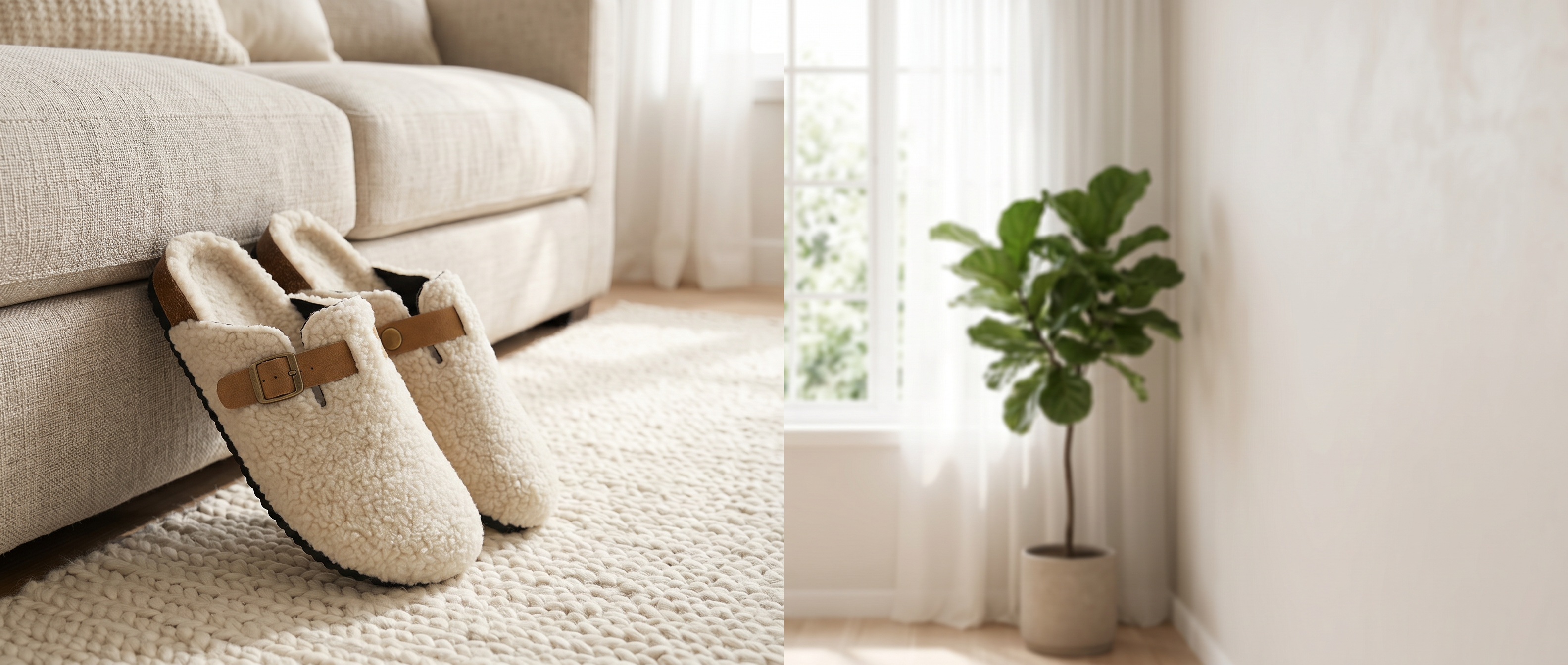 Nuvola shearling clog slippers in a bright living room lifestyle banner