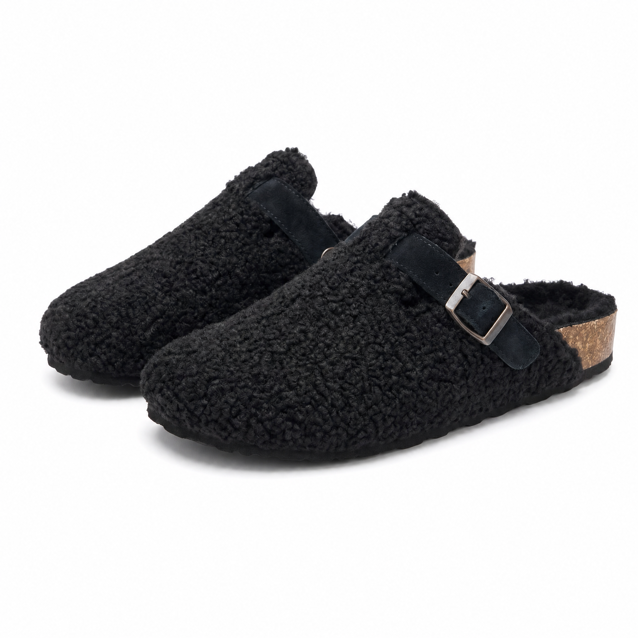Nuvola shearling clog slippers in black, pair on white background