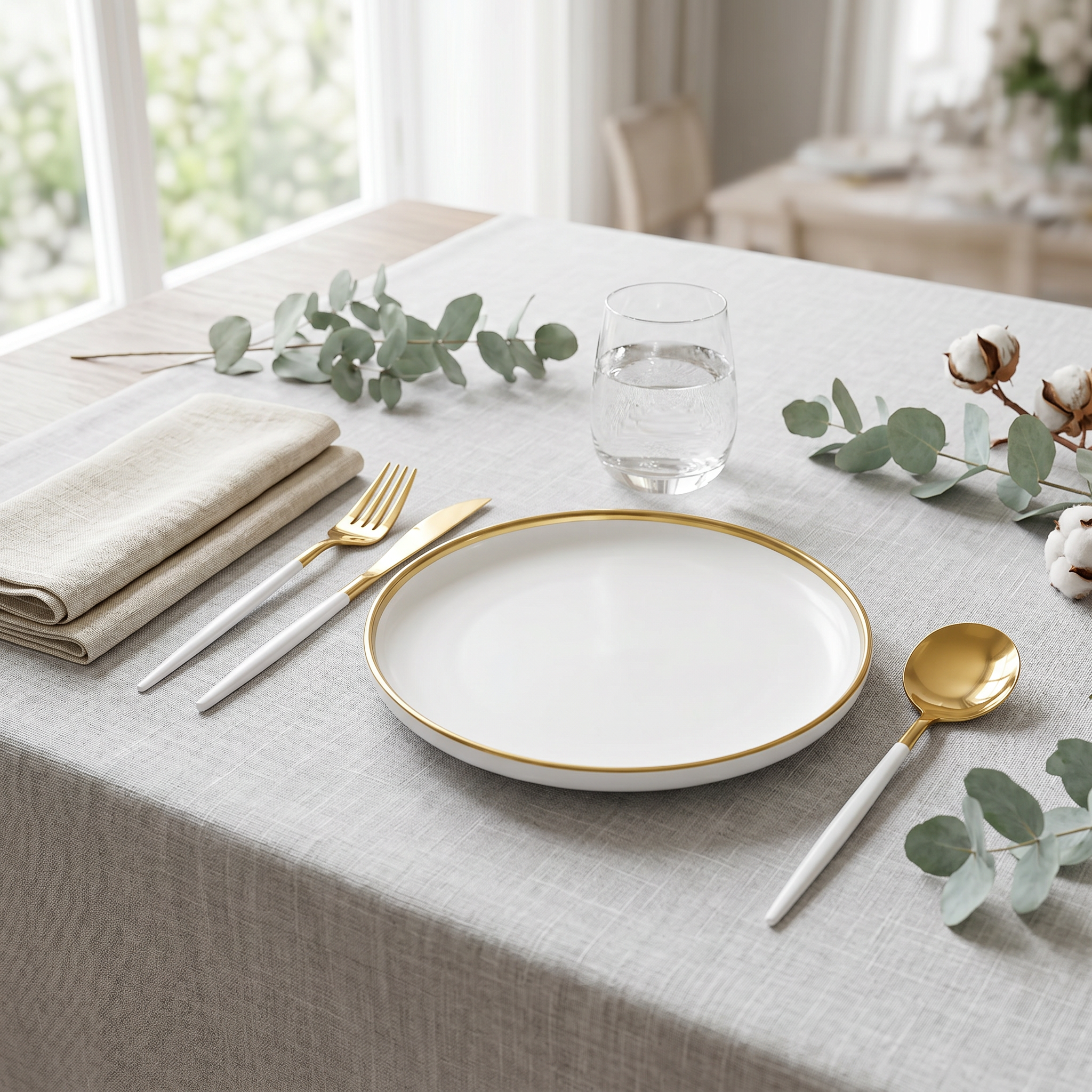 White and gold cutlery in an elegant place setting with eucalyptus