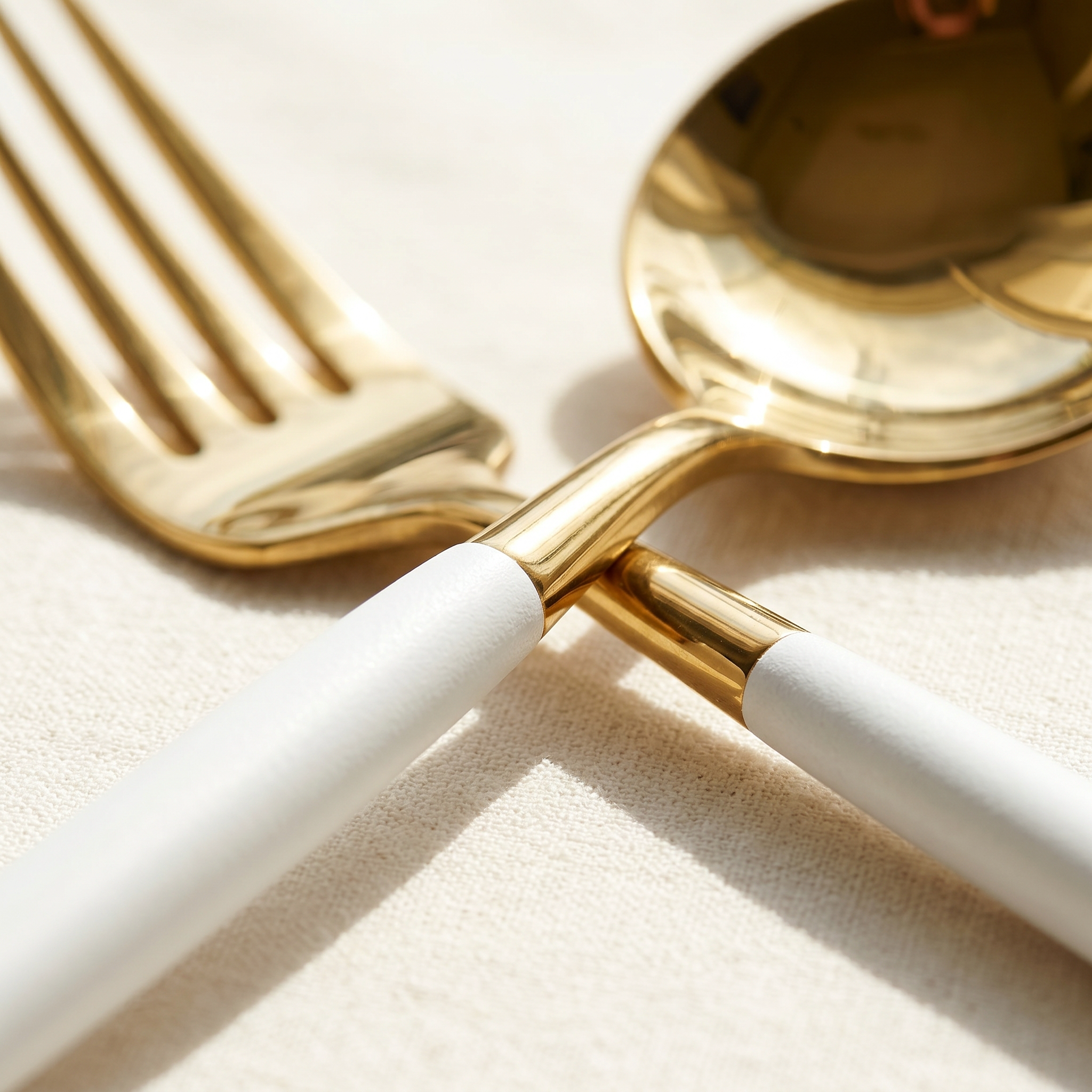 Close-up of white and gold fork and spoon showing mirror finish