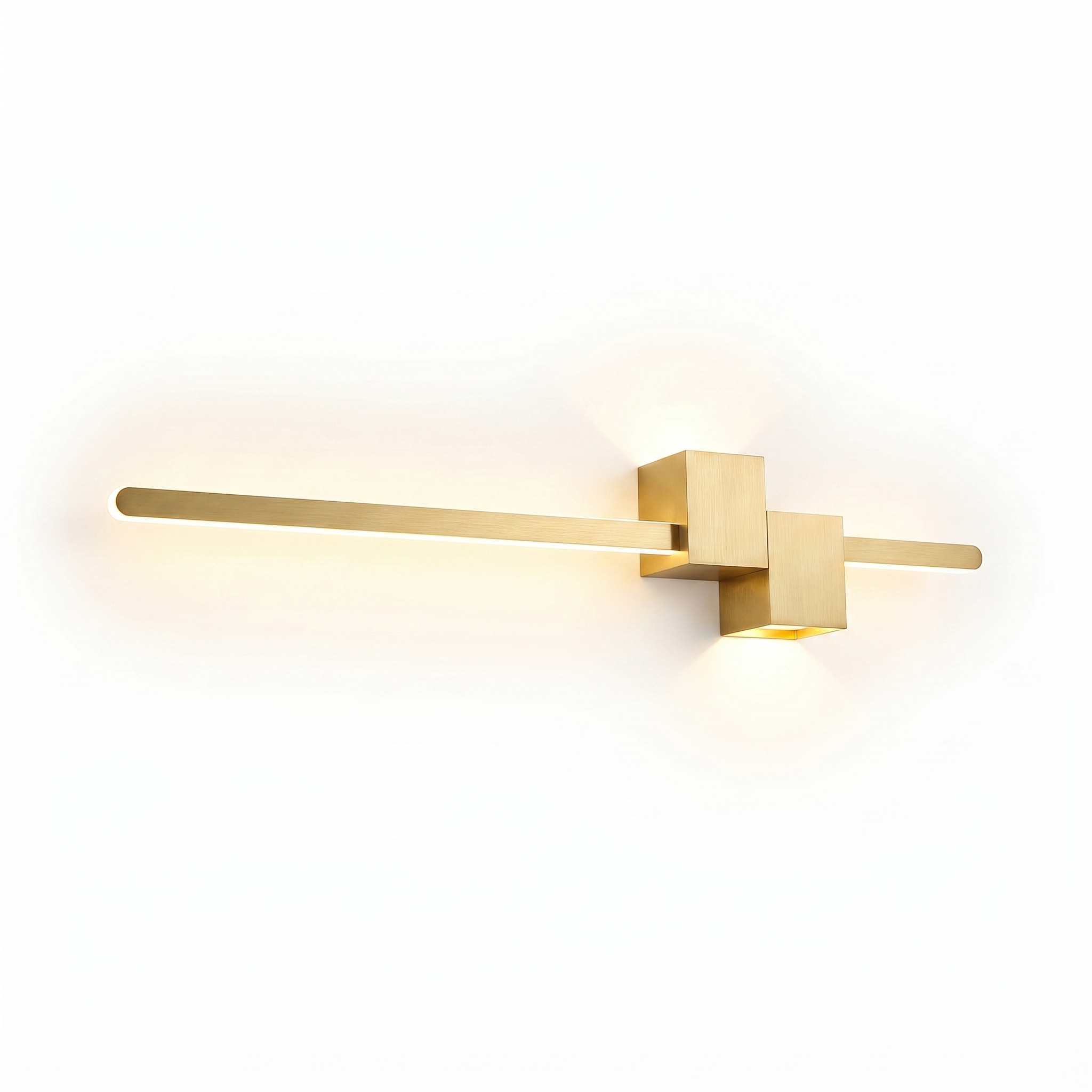 Filo linear LED wall light in gold, glowing, on white background