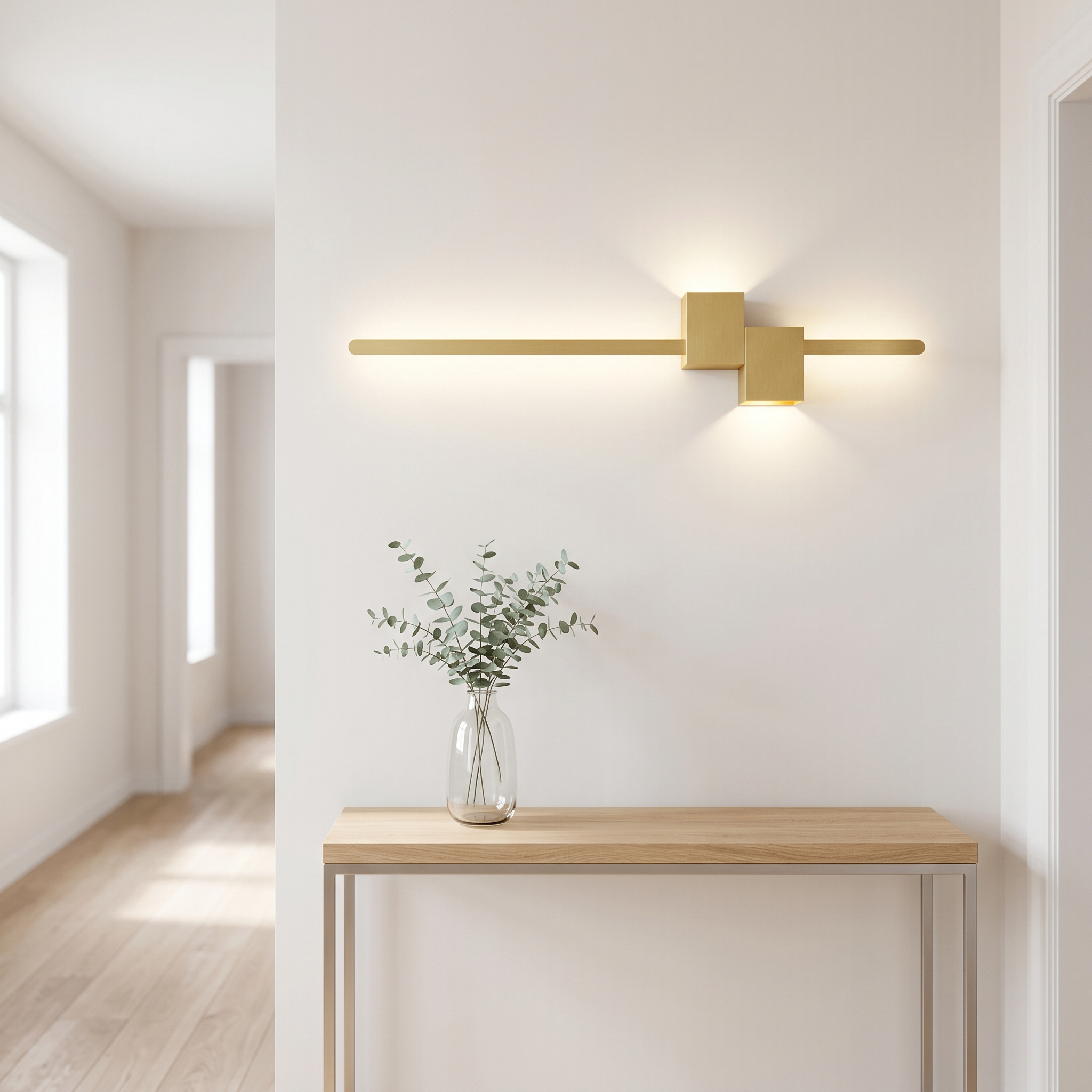 Gold linear LED wall light above a console in a bright hallway