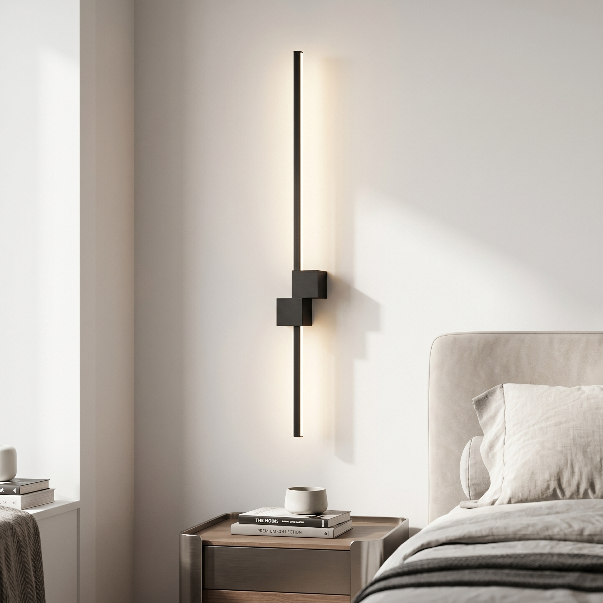 Black linear LED wall light mounted vertically beside a bed