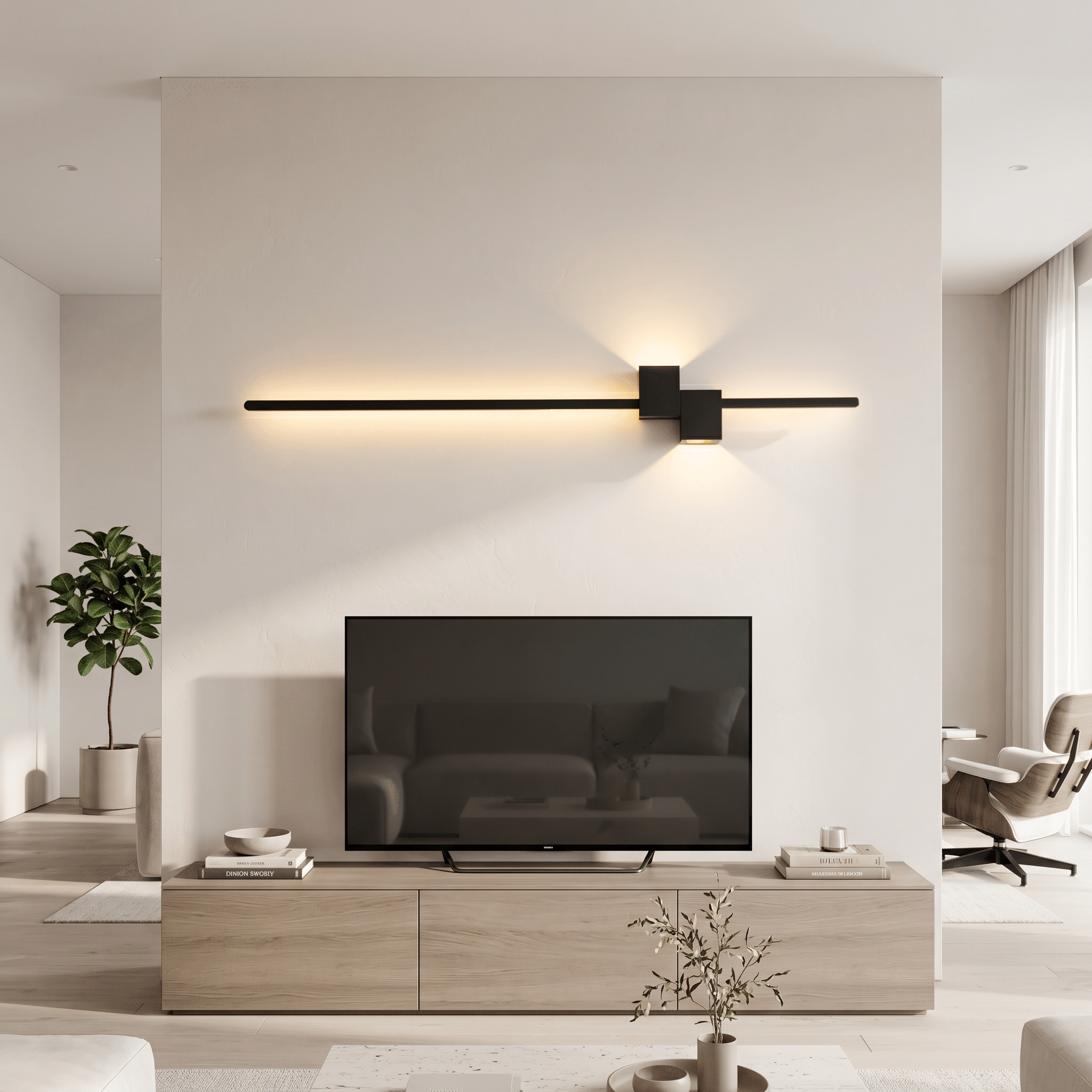 Black linear LED wall light above a media console in a living room