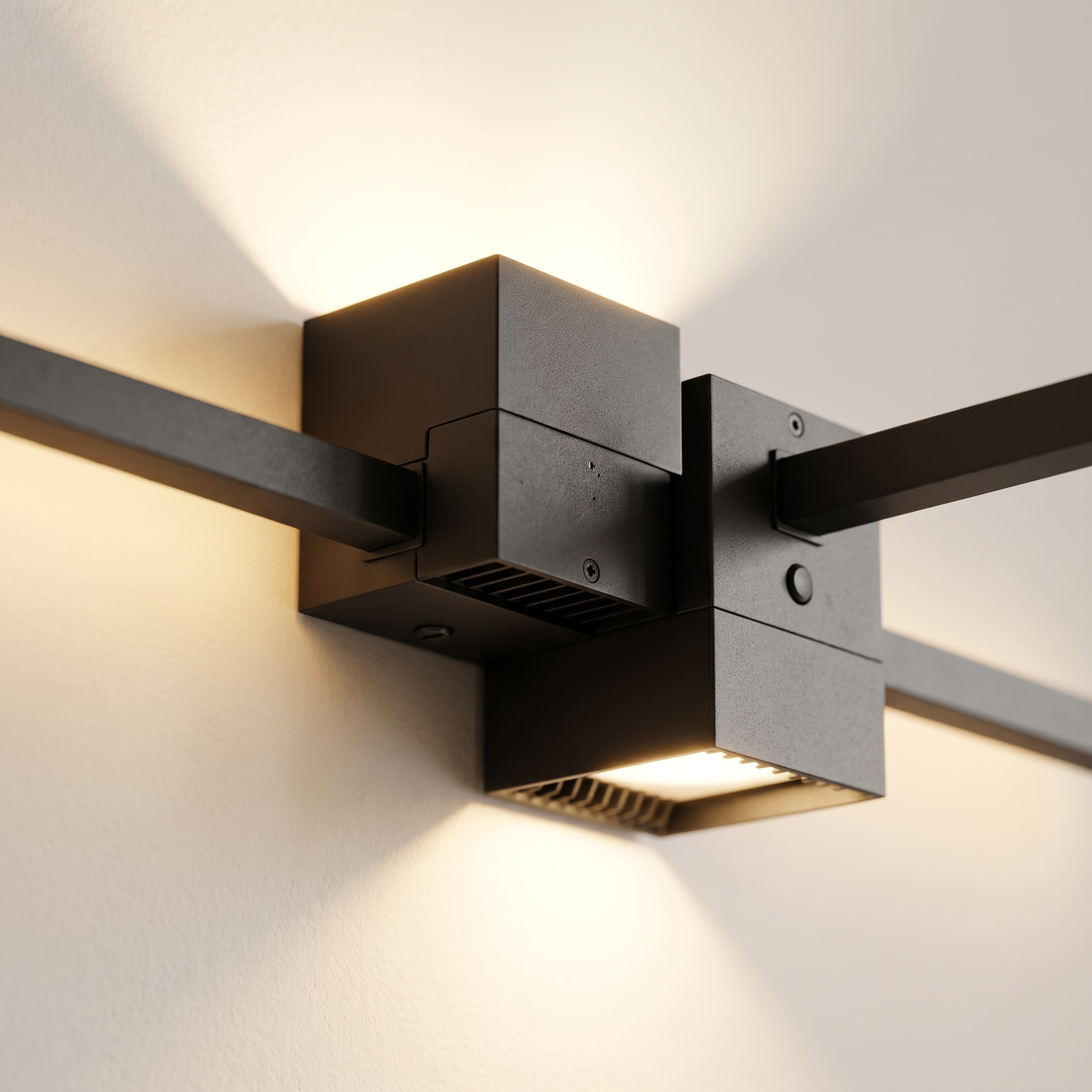 Close-up of the central cube mount and warm glow of the linear LED wall light