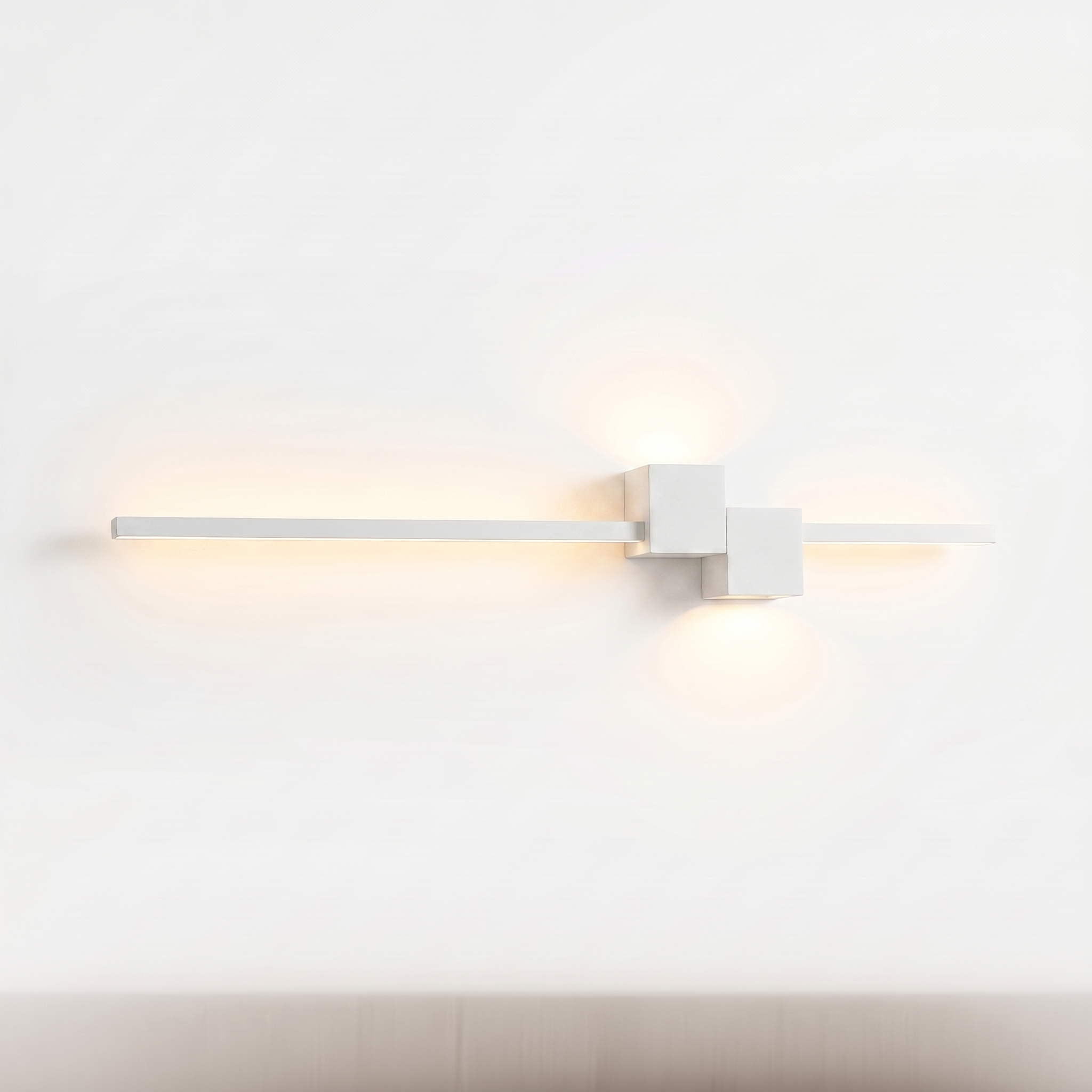 Filo linear LED wall light in white, glowing, on white background
