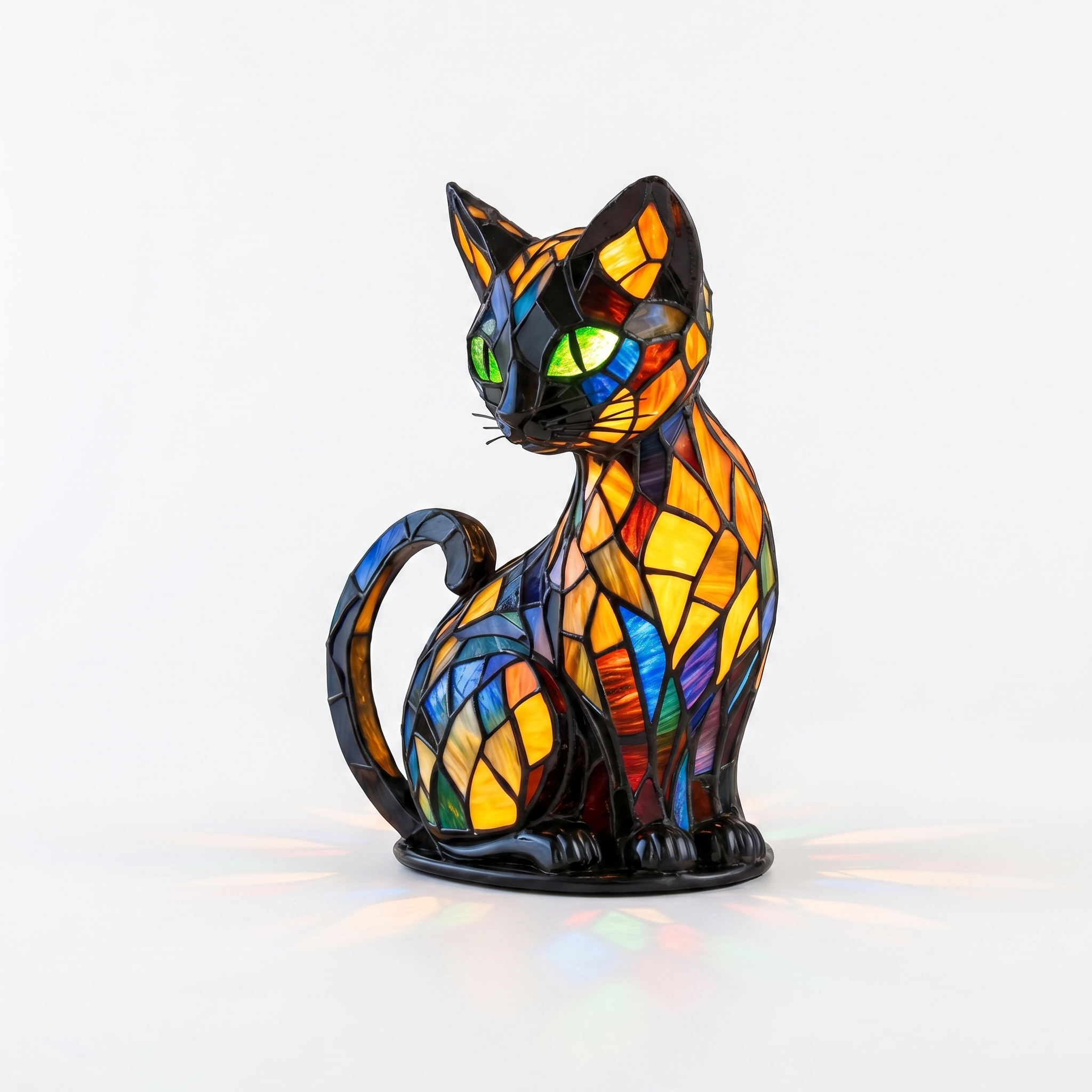 Gattina stained glass cat lamp, curled tail design, glowing on white