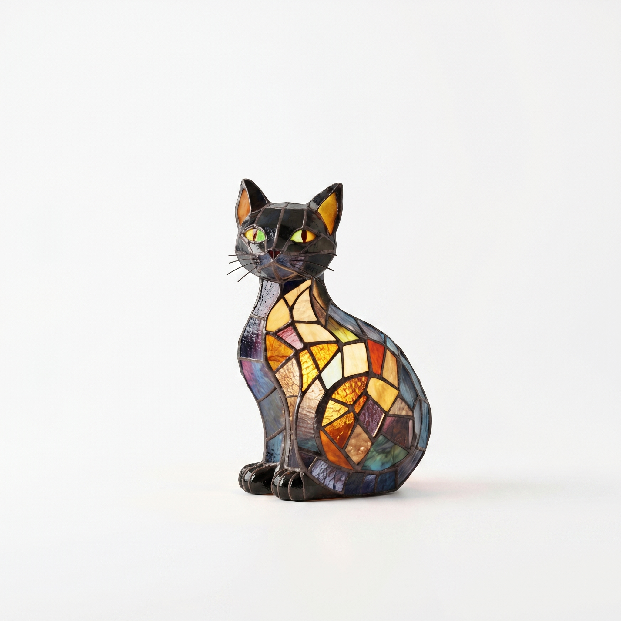 Gattina stained glass cat lamp, tucked pose design, glowing on white