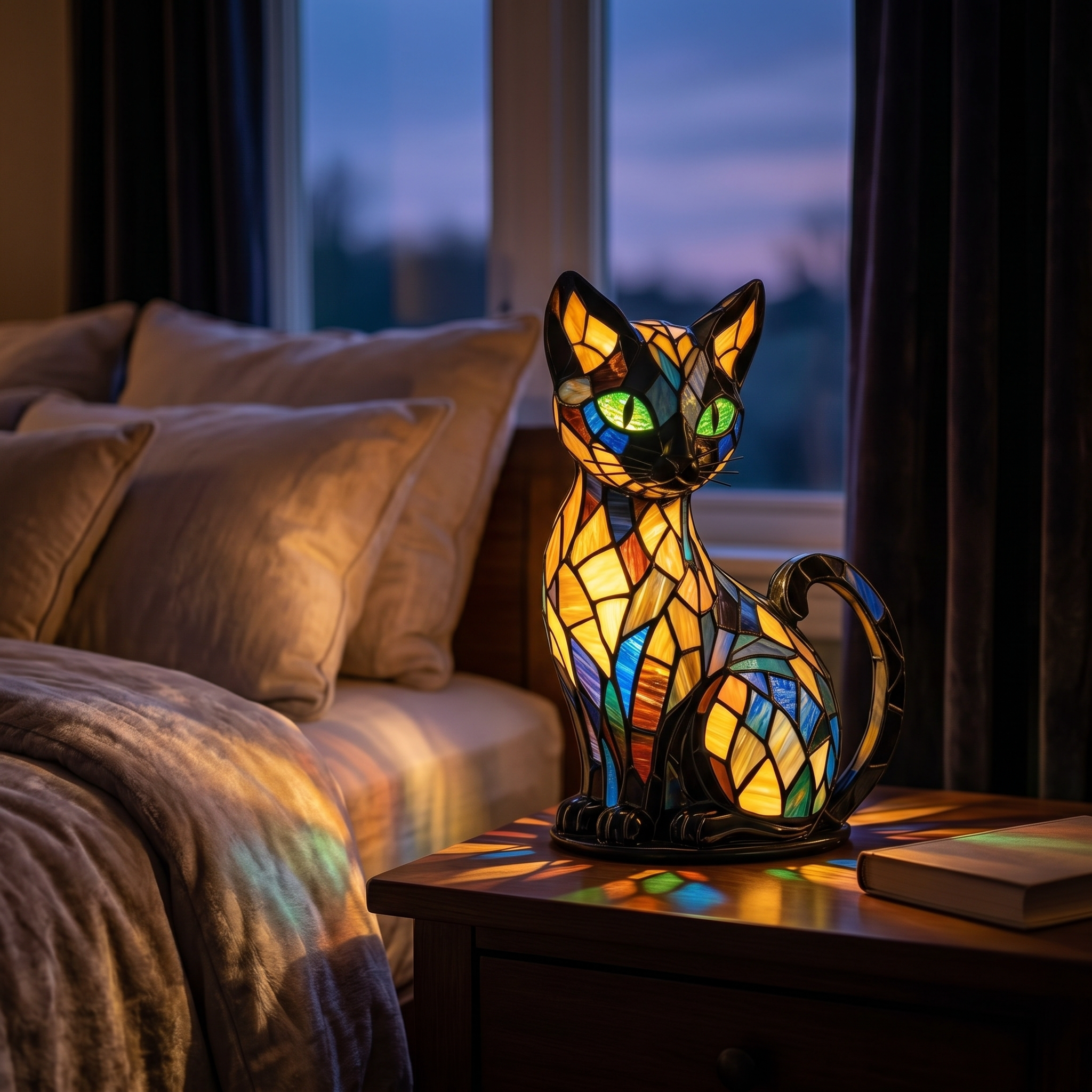 Stained glass cat lamp glowing on a bedside table at dusk