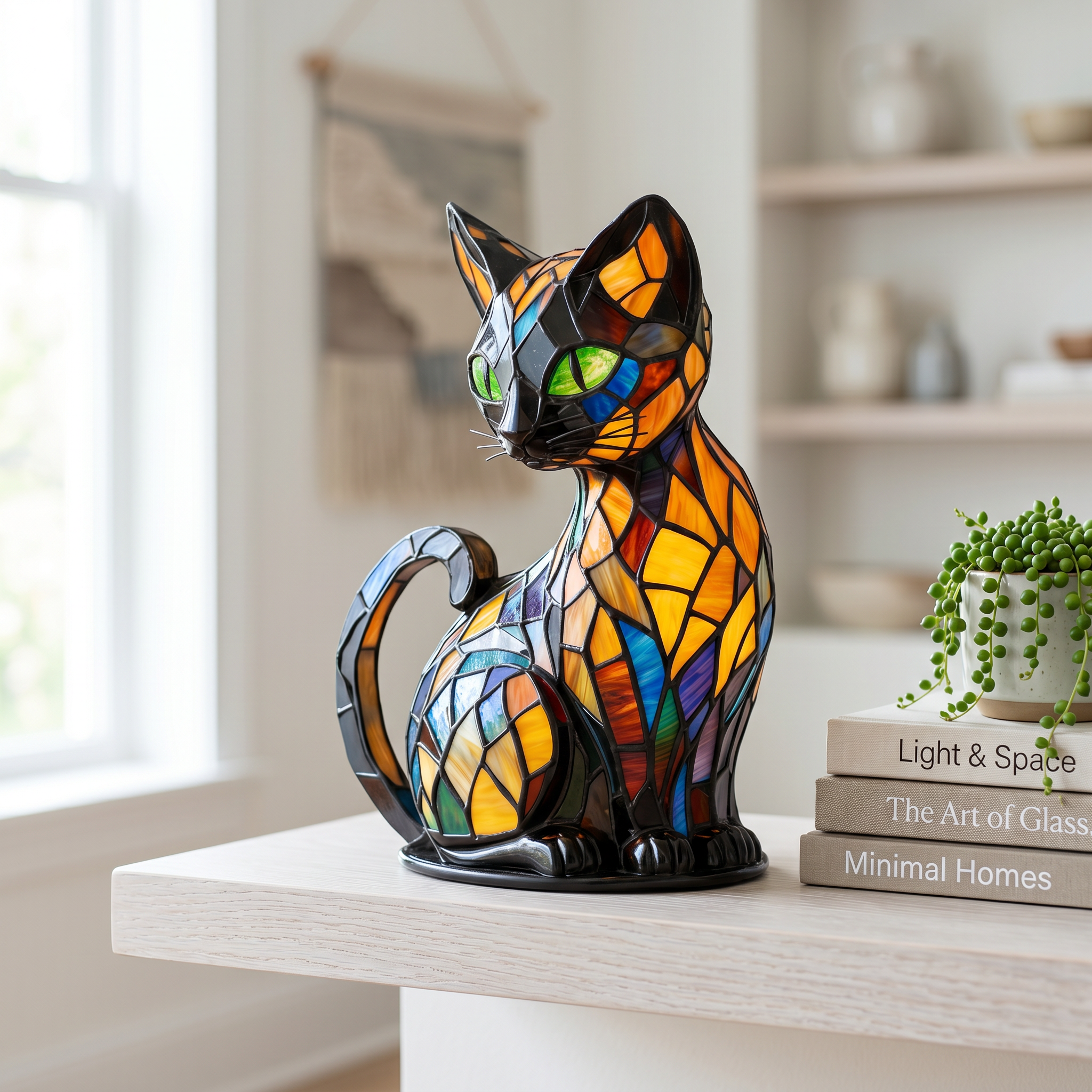 Stained glass cat lamp displayed as decor on a bright styled shelf