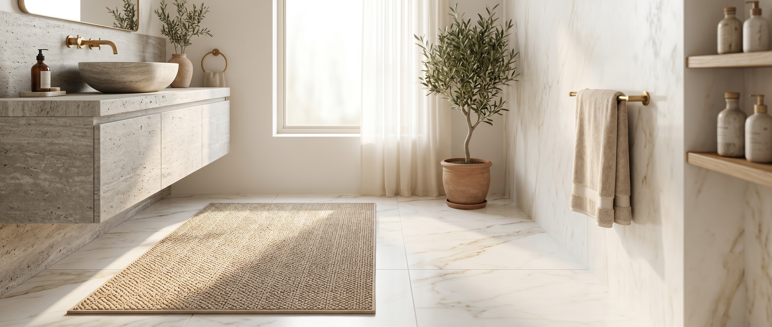Trama absorbent bath mat in a bright bathroom banner