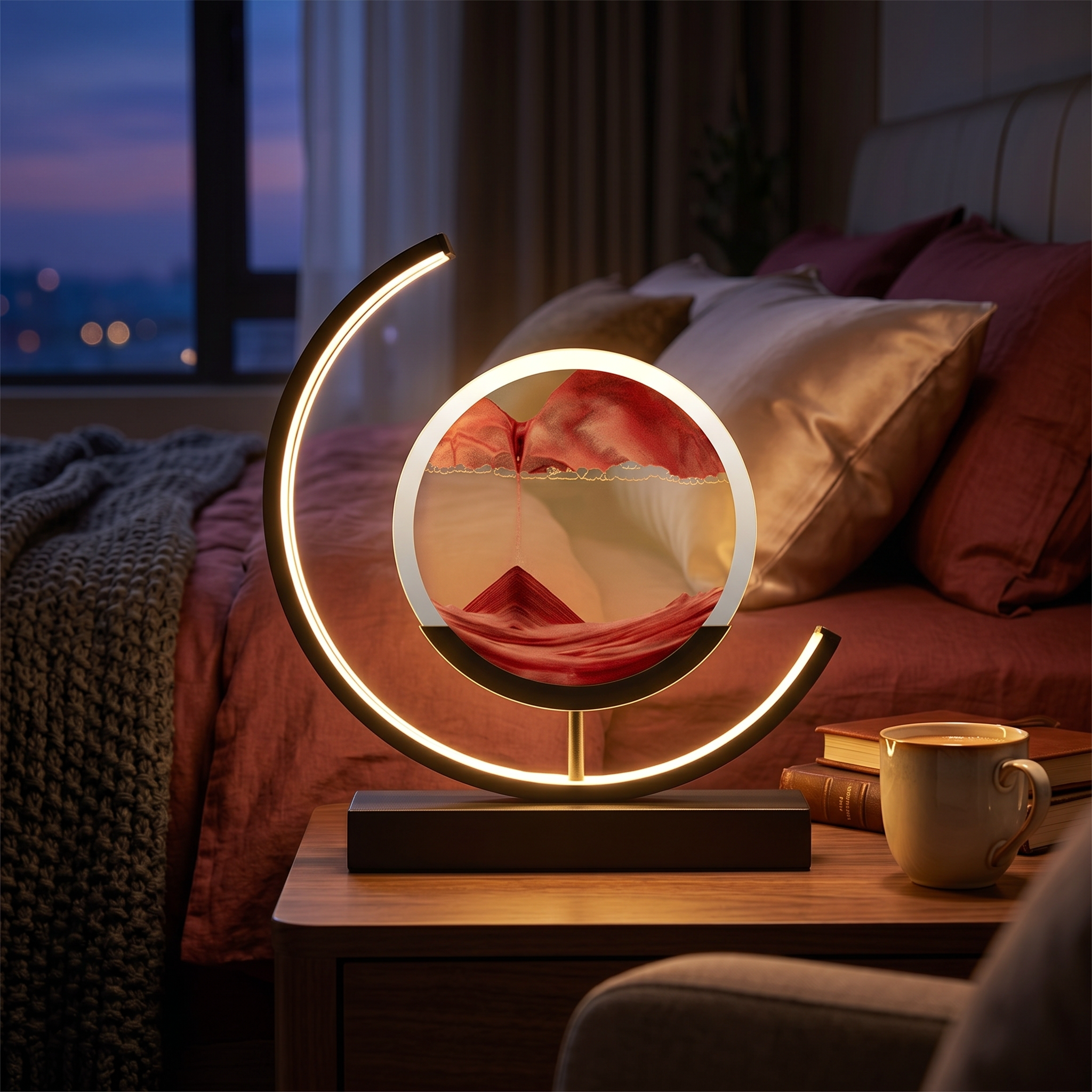 Red sand art lamp glowing on a bedside table at dusk