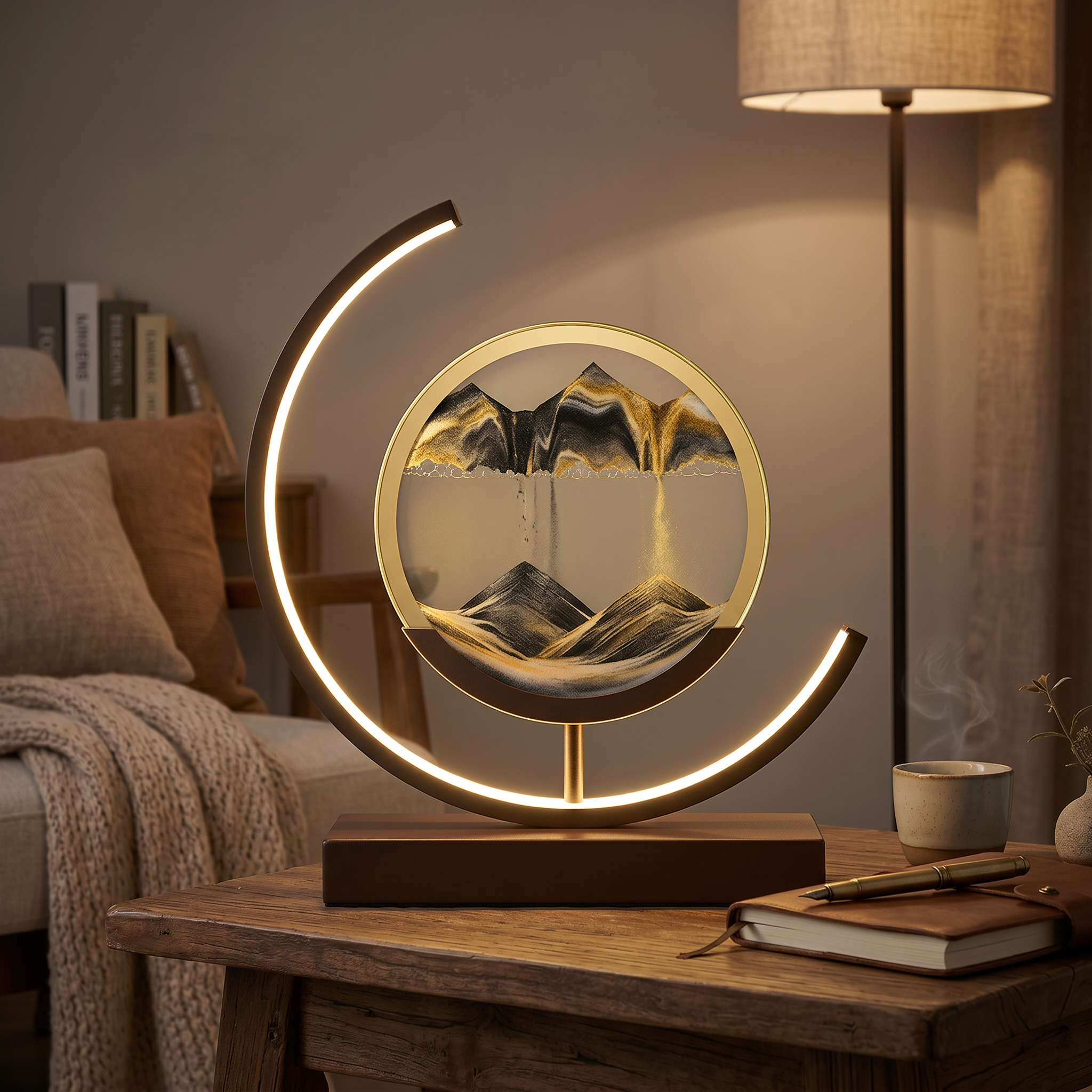 Black and gold sand art lamp glowing in a cozy reading nook