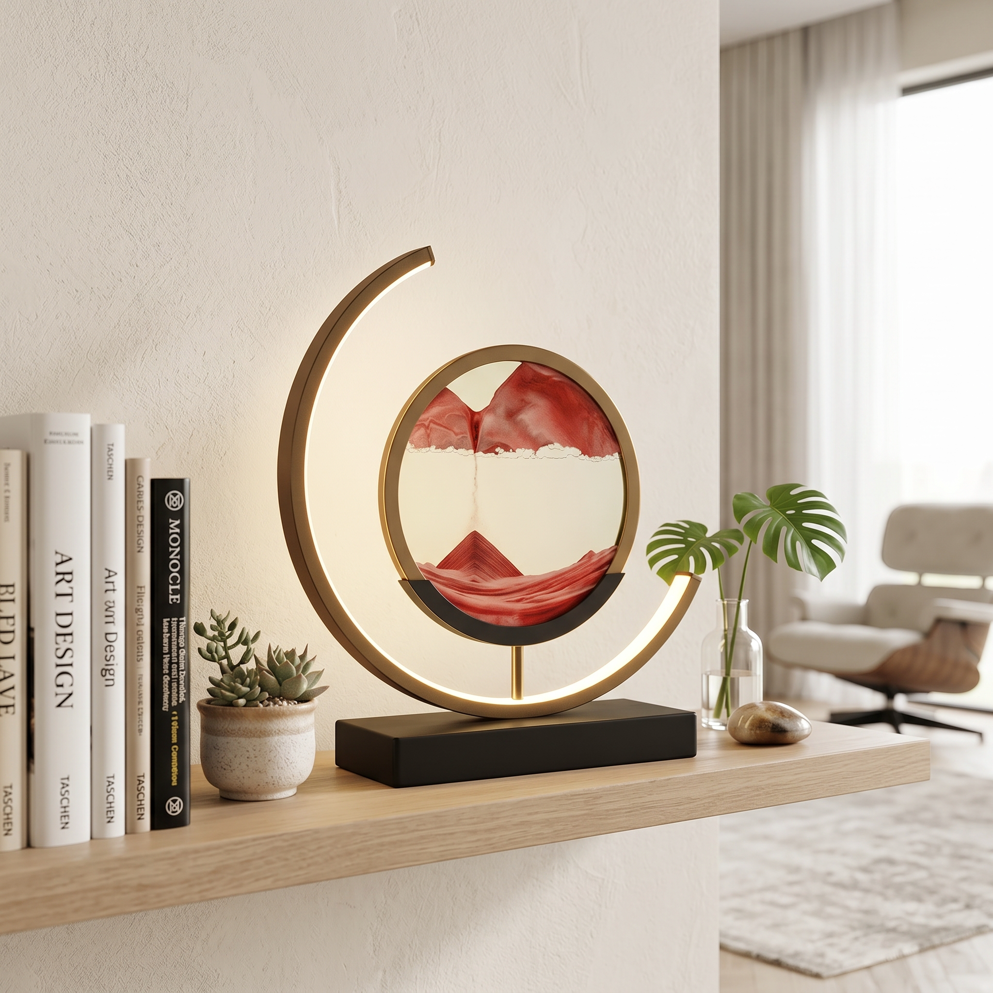 Red sand art lamp displayed as decor on a bright styled shelf