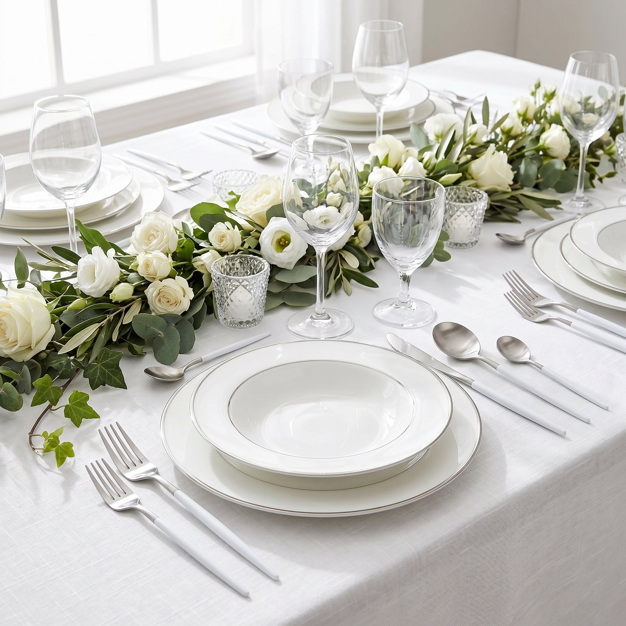 Festive celebration table set with white and silver cutlery
