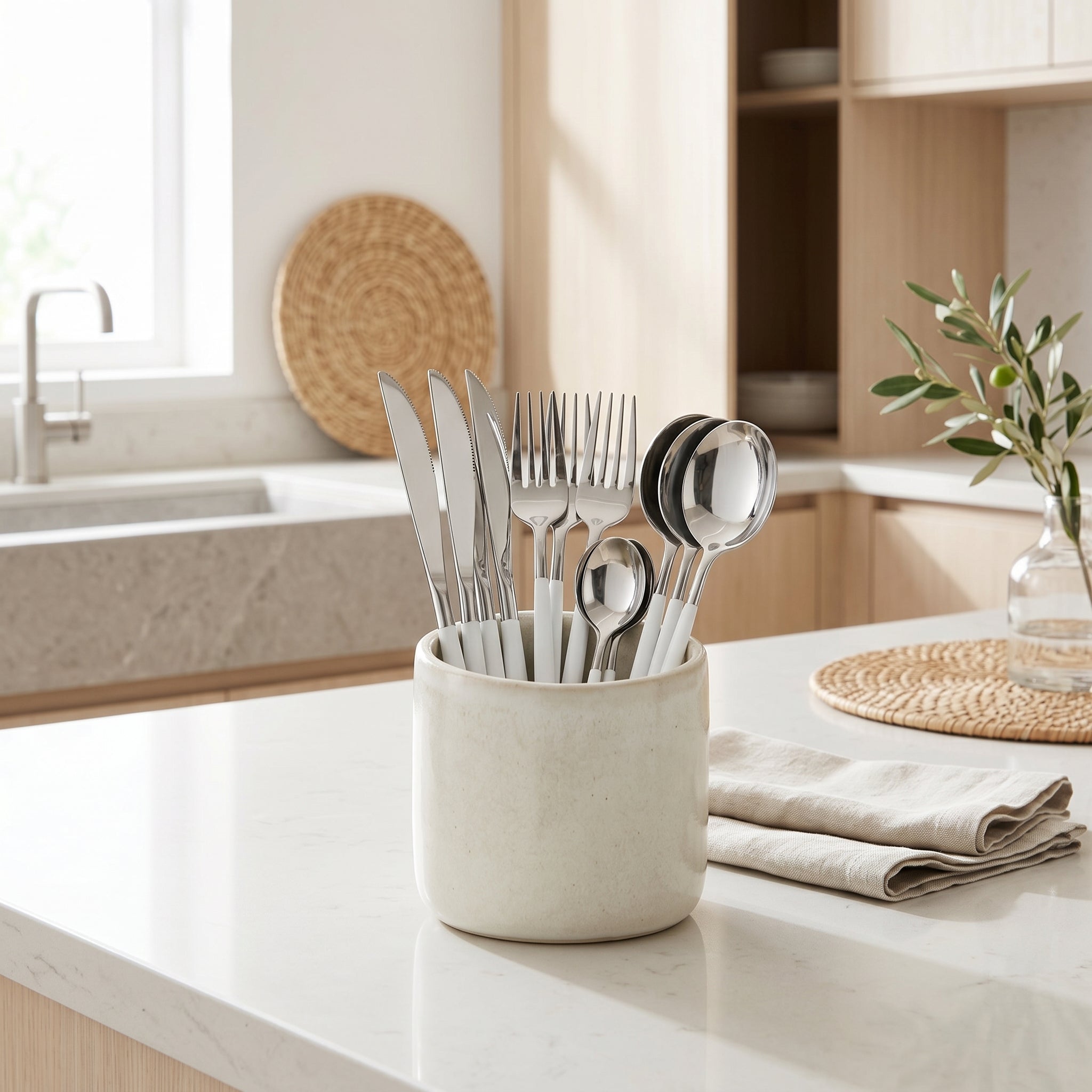 White and silver cutlery in a ceramic caddy on a kitchen counter