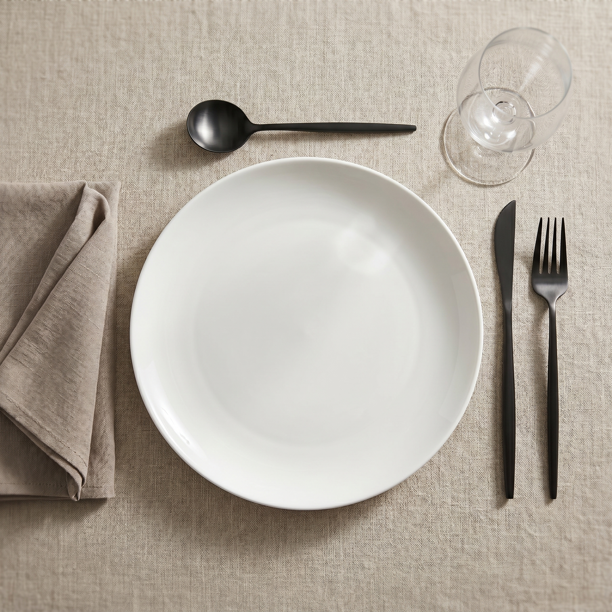 Onice flatware place setting on linen with white plate