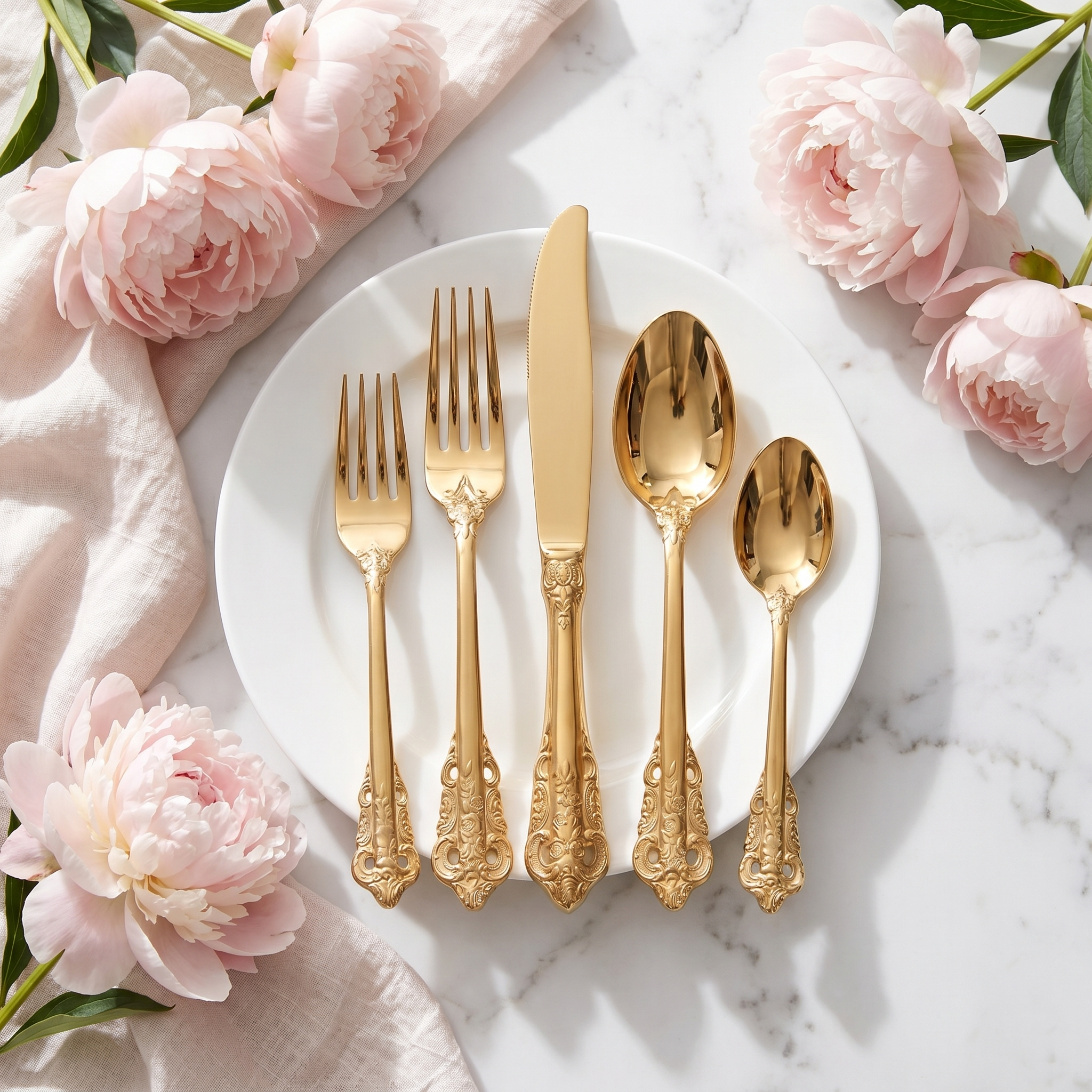 Gold ornate flatware flat lay with pink peonies on marble
