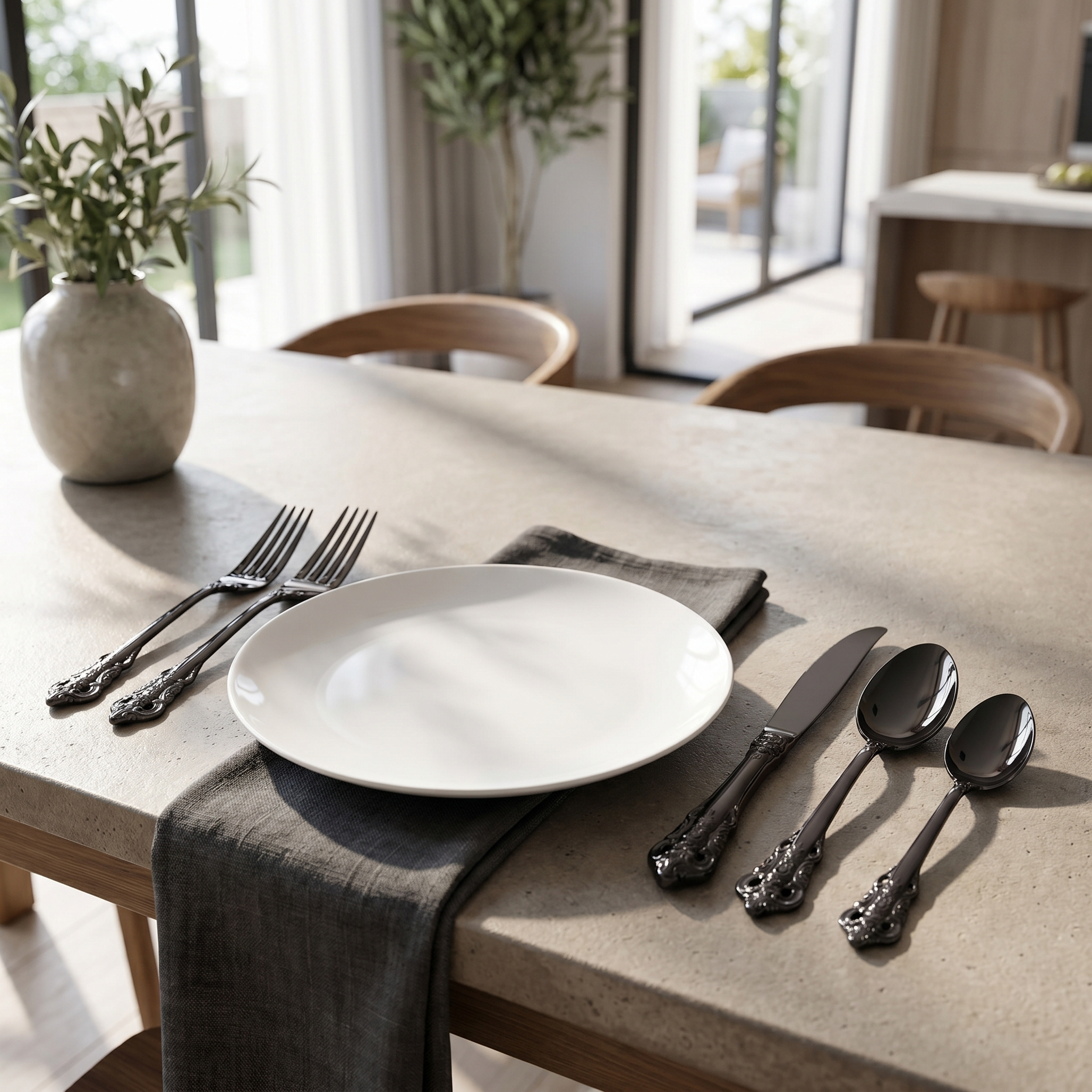 Matte black ornate flatware modern contemporary table setting