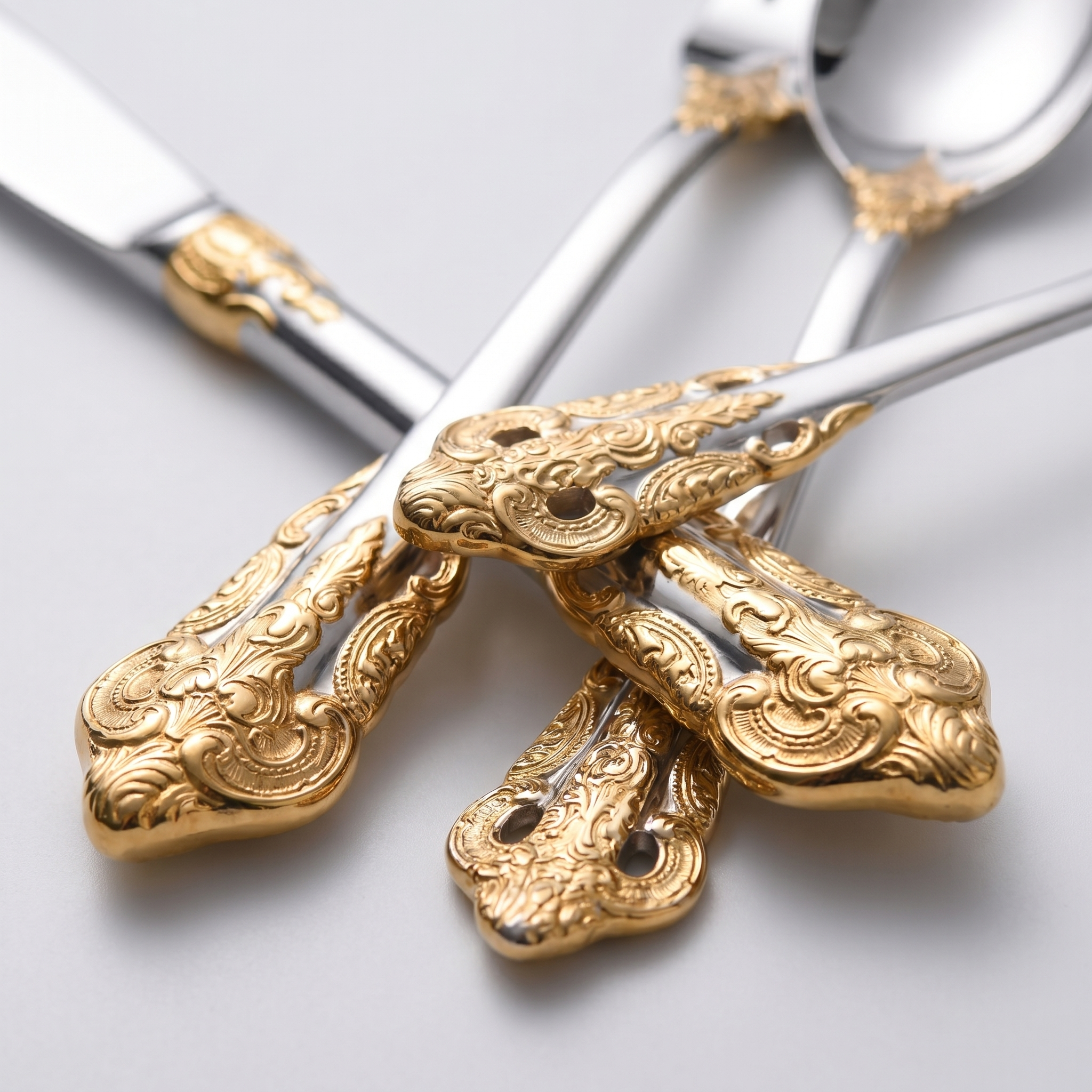 Macro detail of gold acanthus scrollwork on ornate flatware handles