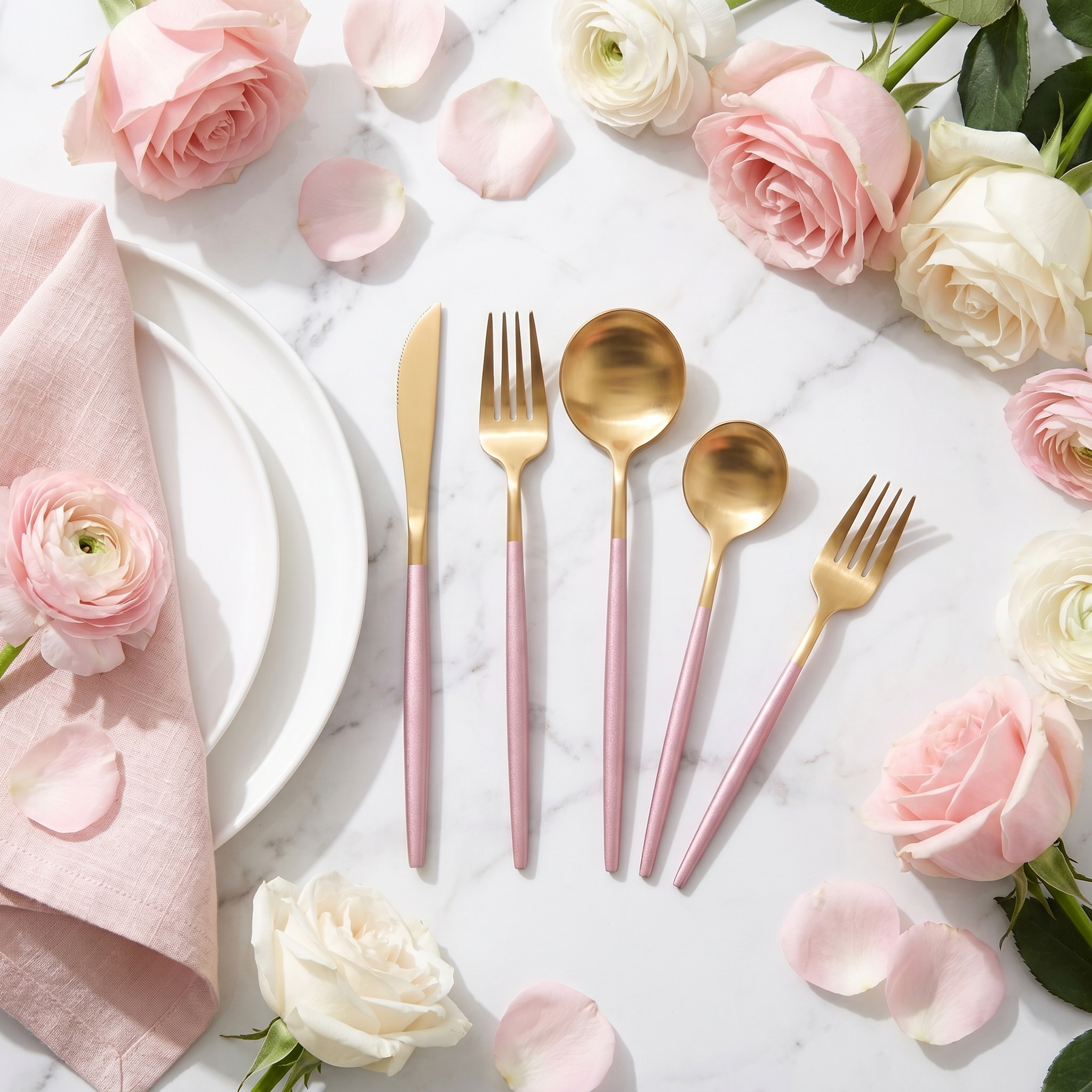 Pink and gold two-tone cutlery flat lay with roses on white marble