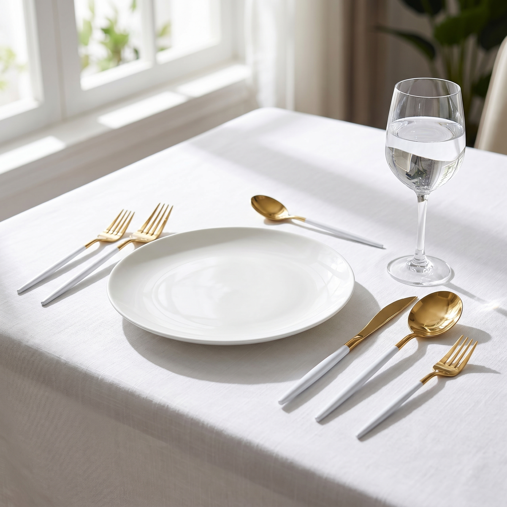 White and gold two-tone cutlery formal place setting with crystal glass