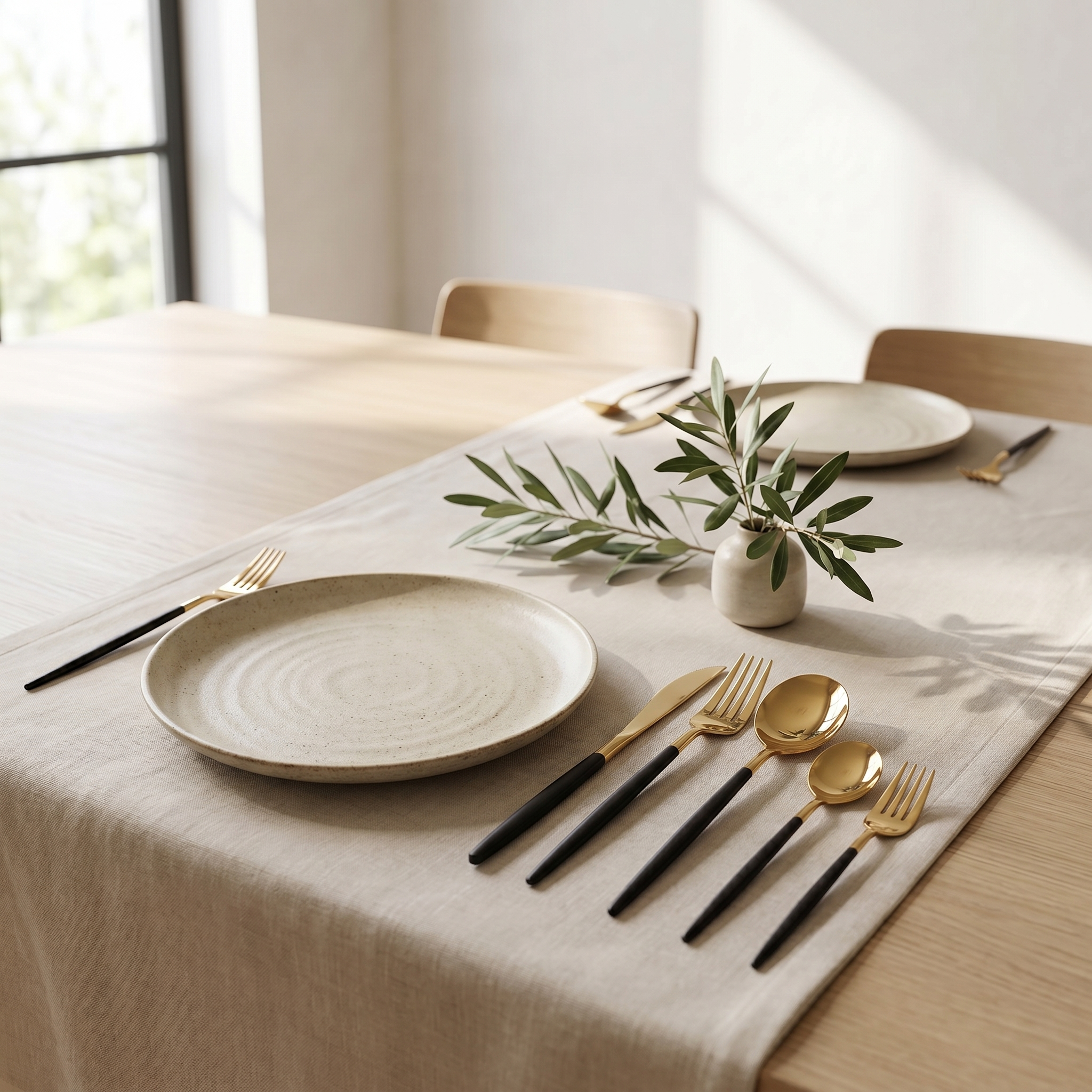 Black and gold two-tone cutlery minimalist tablescape with olive branch