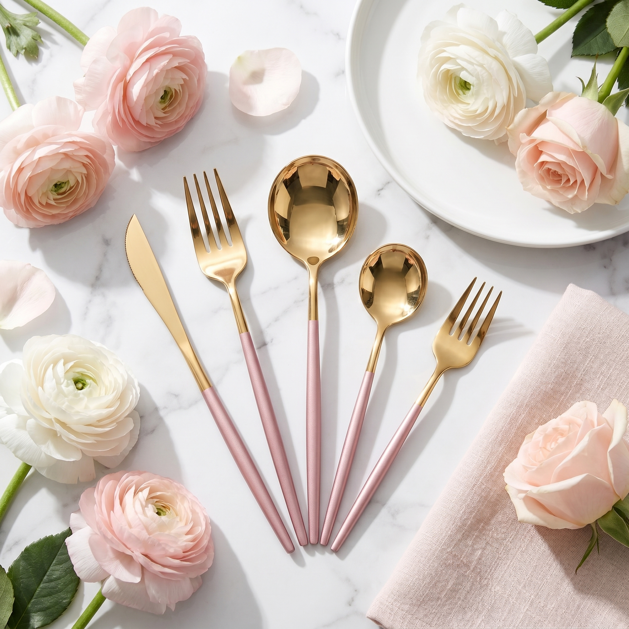 Pink and gold cutlery flat lay with roses on white marble