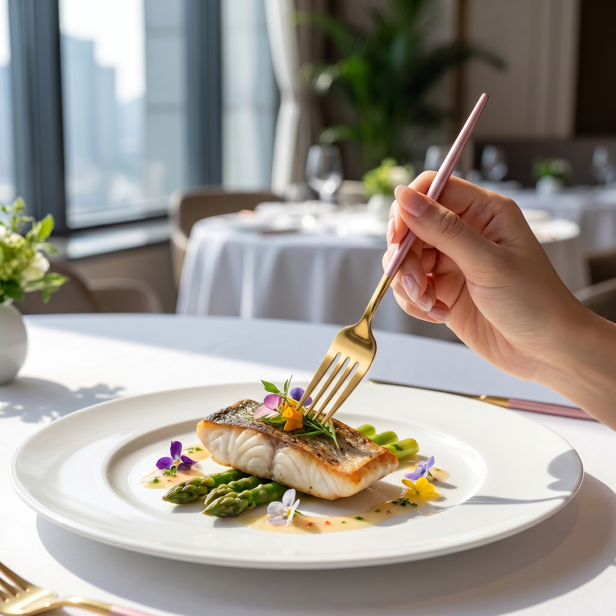 Hand holding a pink and gold fork over a gourmet plated dish