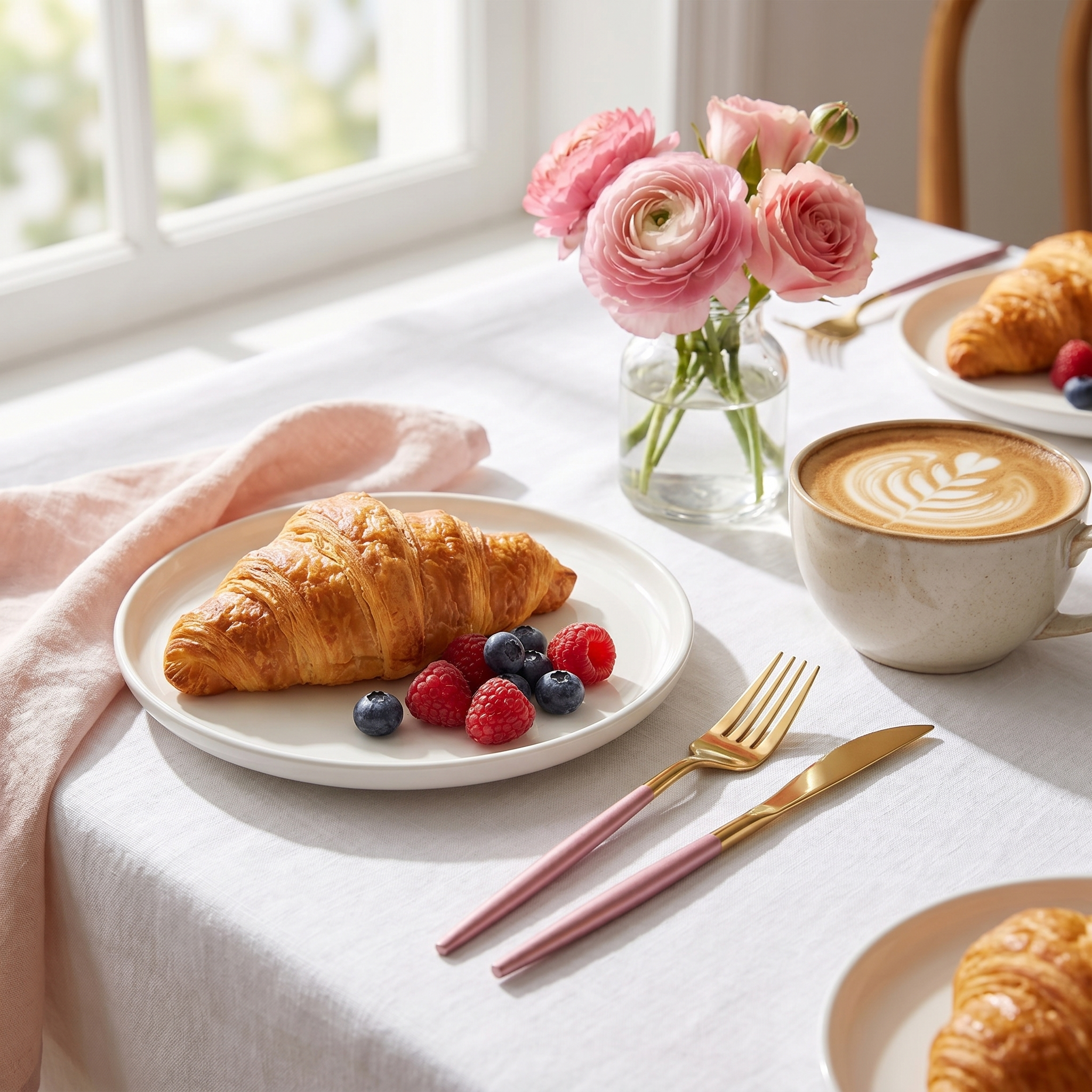 Pink and gold cutlery on a bright brunch table with croissant and coffee