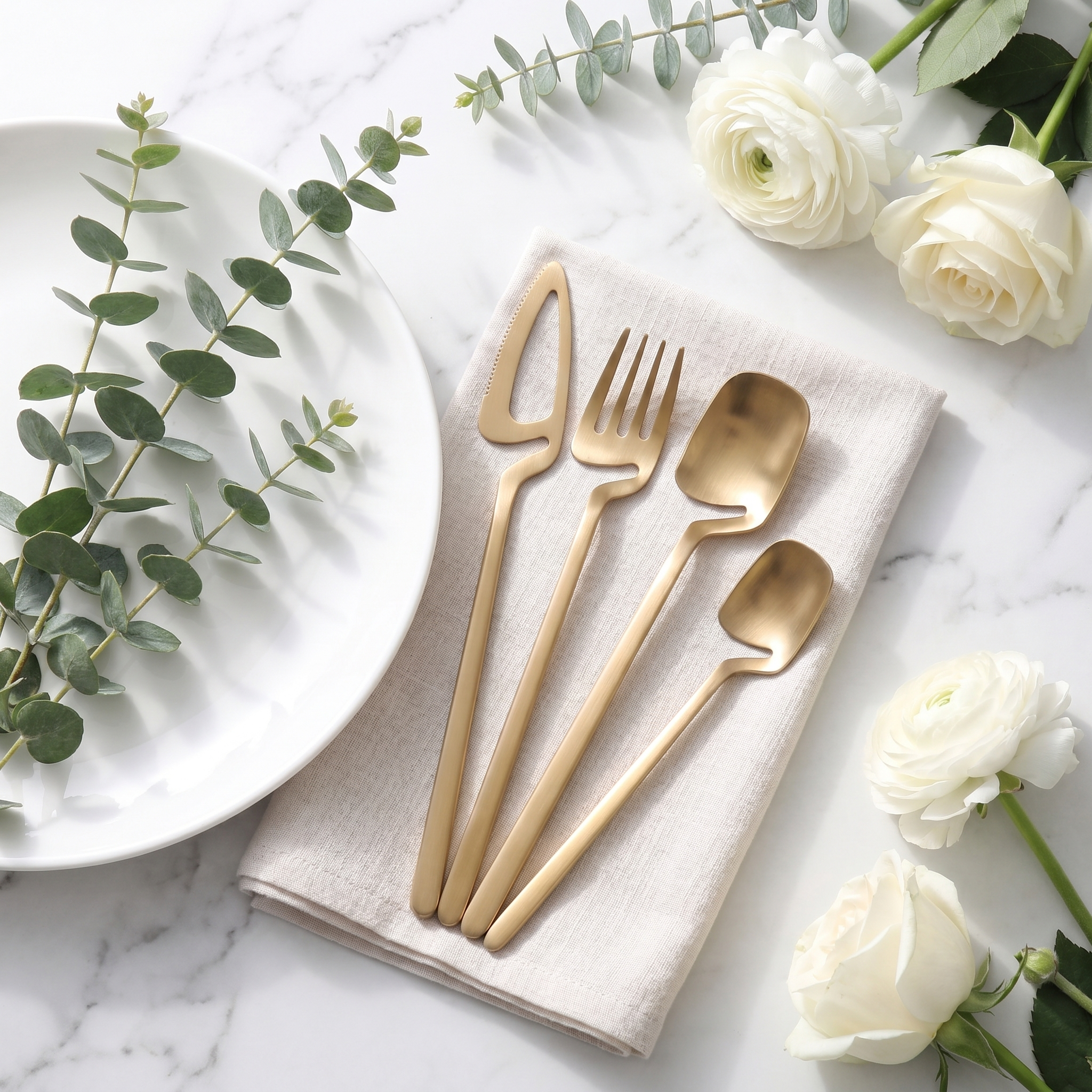 Gold sculptural skeleton flatware flat lay with eucalyptus on marble