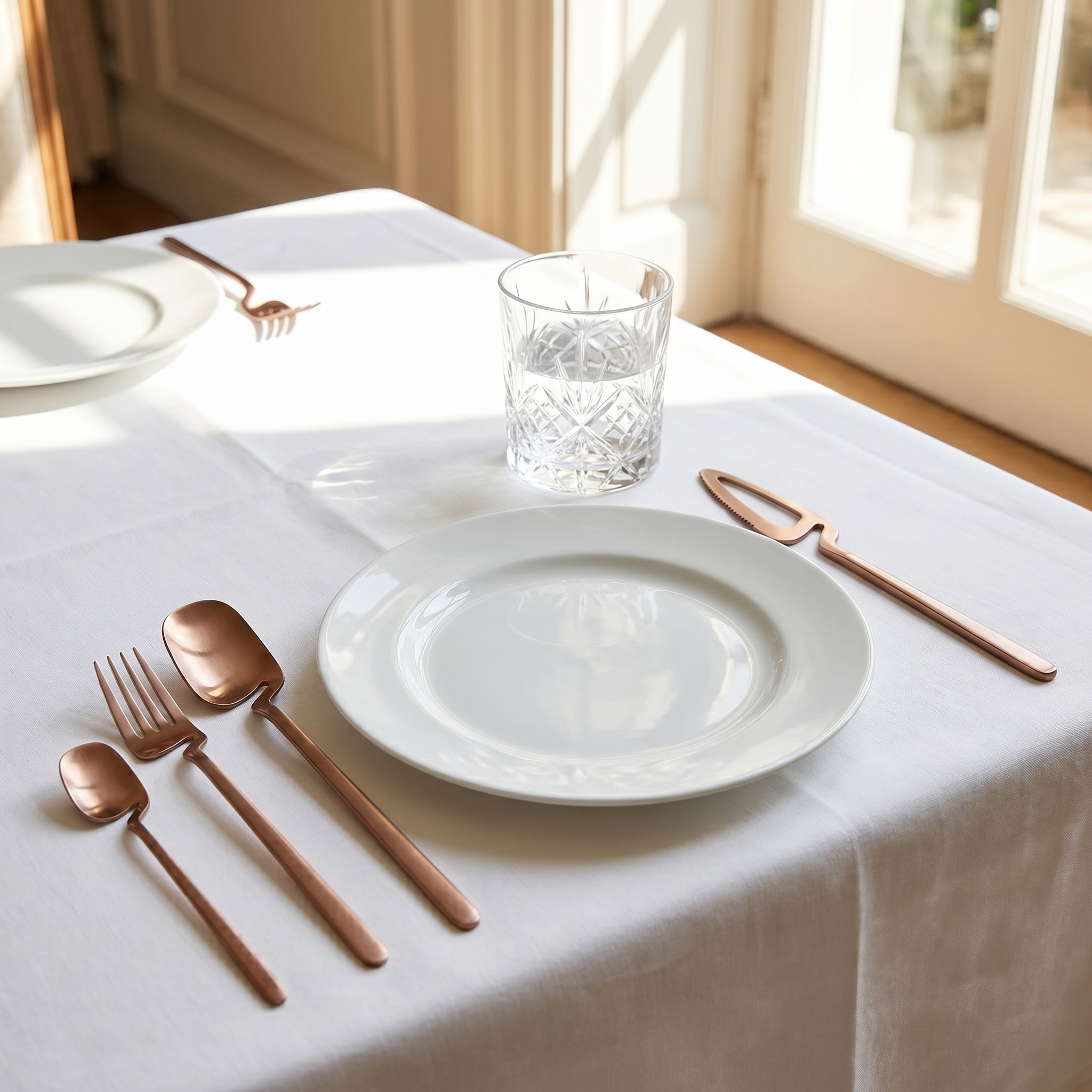 Rose gold sculptural skeleton flatware formal place setting with crystal glass